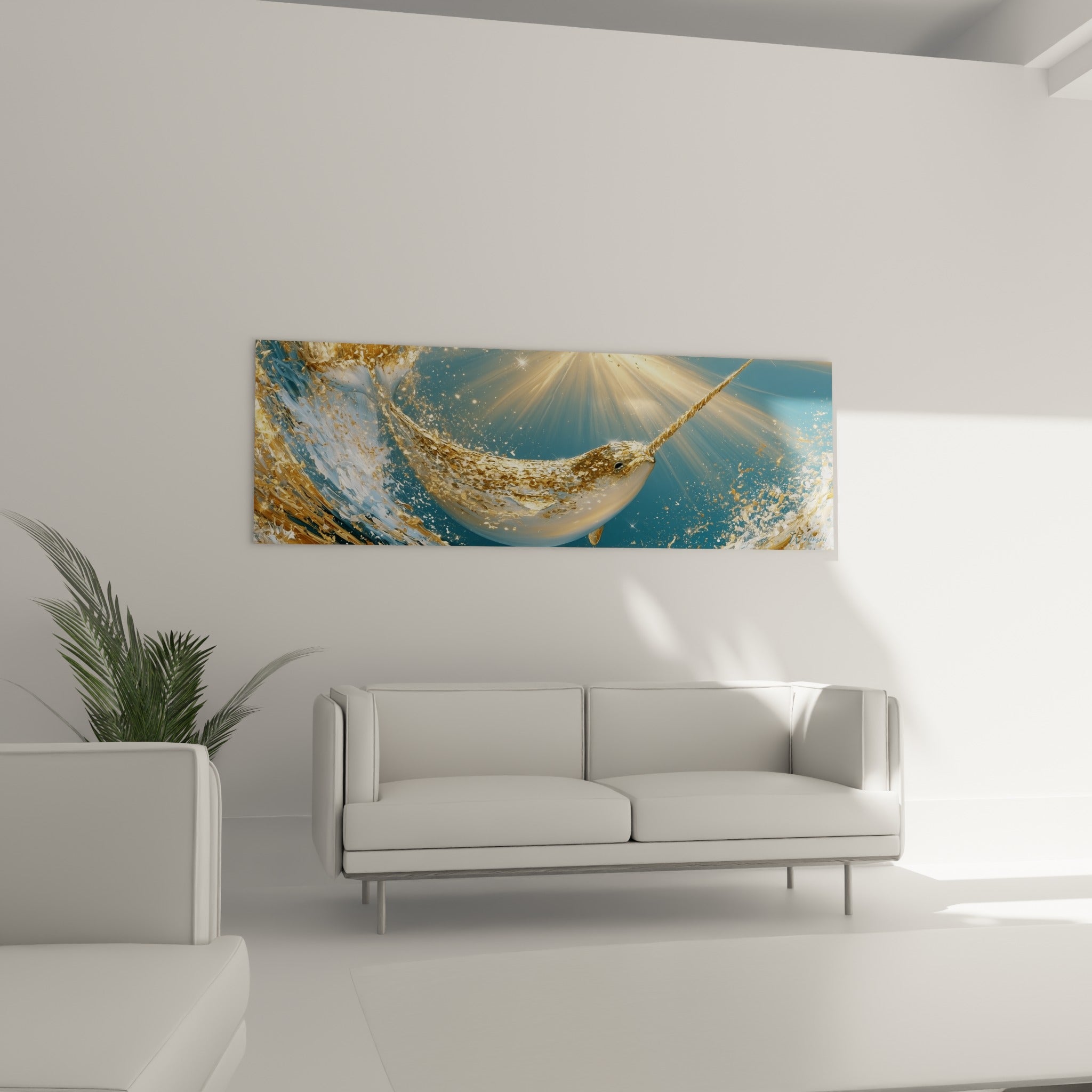Narval aux reflets dorés glissant dans l'eau bleu marine, au-dessus d'un canapé dans un salon lumineux