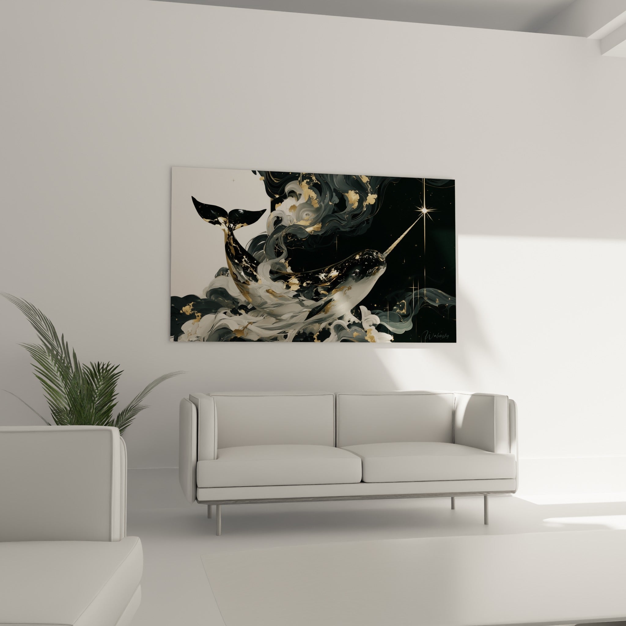 Silhouette du narval noir et blanc entourée de volutes dorées au-dessus d'un canapé dans un salon lumineux