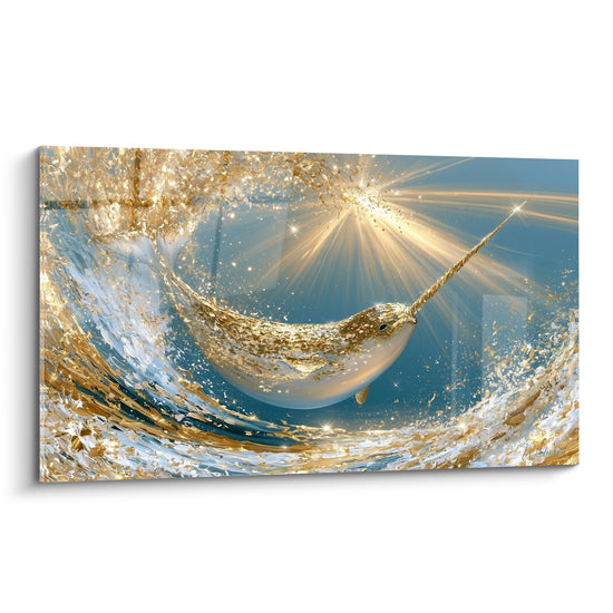Tableau Narval doré aux vagues bleues lumineuses - Éveil marin doré - Edition Narval
