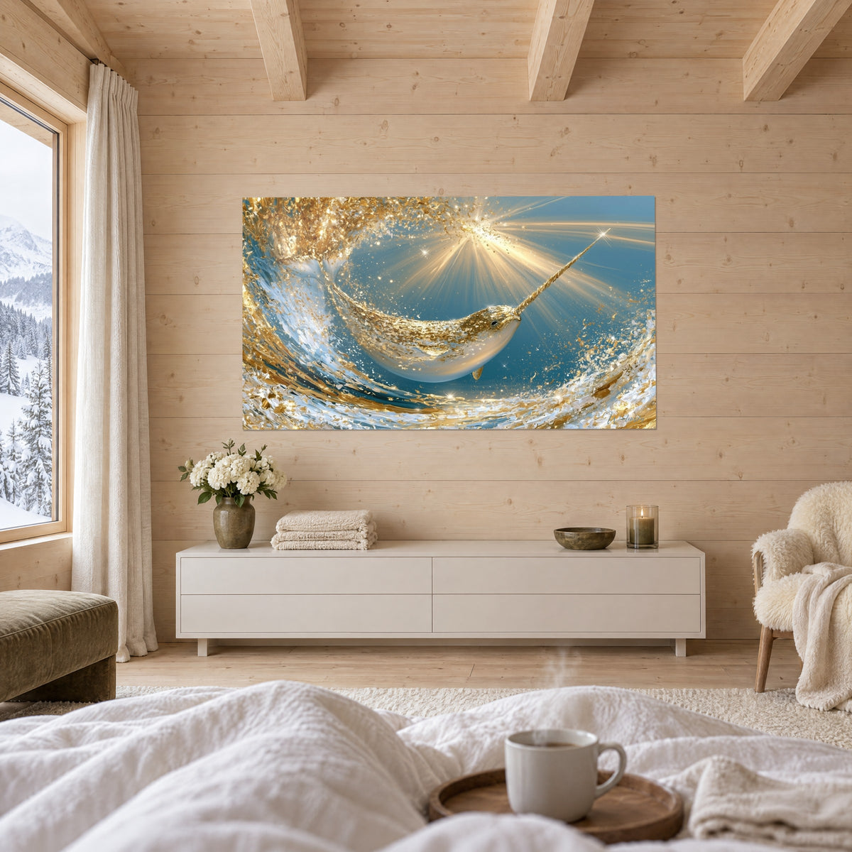 Cuadro mamífero marino con el lomo salpicado de oro que emerge de una ola azur, rayos deslumbrantes, encima de una cama en un dormitorio luminoso
