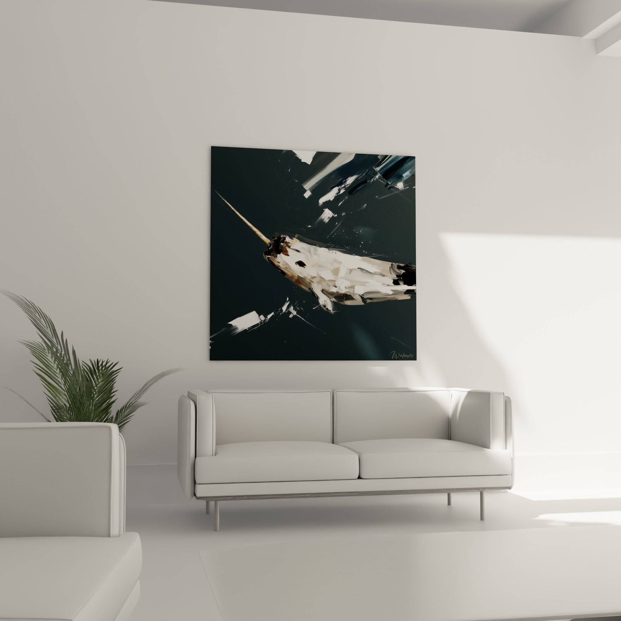 Narval doré et gris traversant un décor sombre, au-dessus d'un canapé dans un salon lumineux