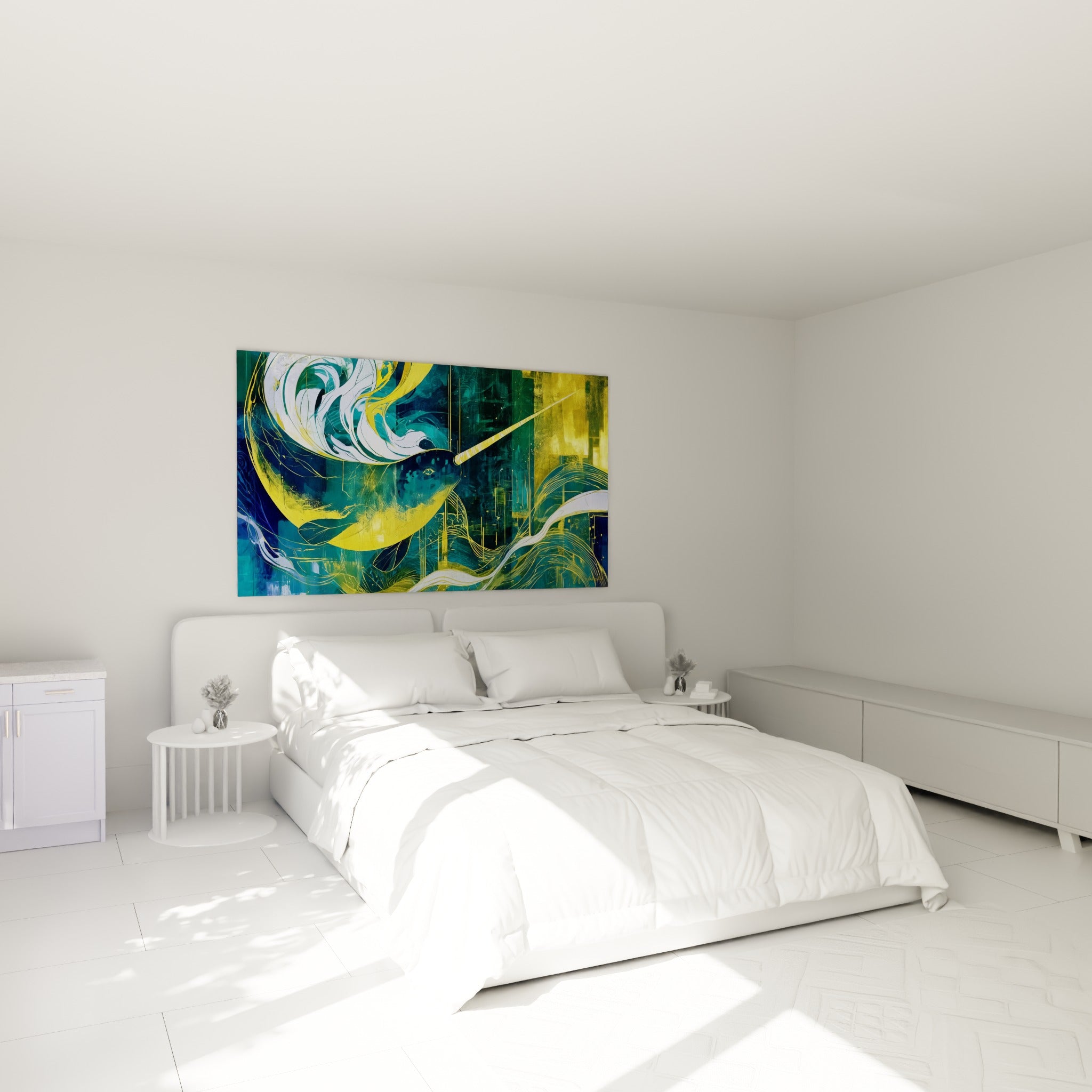 Silhouette de narval doré et bleu marine, accrochée au-dessus d'un lit dans une chambre claire