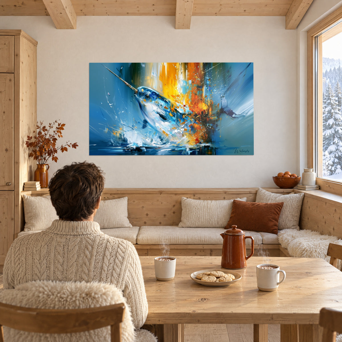 Gemälde Narwal mit Spachteltechnik, himmelblaue und bernsteinfarbene Lichtreflexe, gegenüber einem Paar von hinten am Tisch eines Chalets