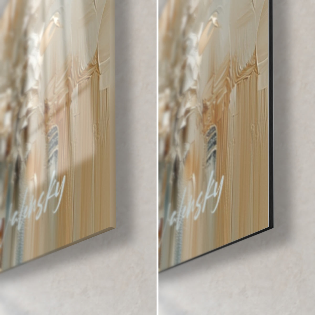 Wall art narwhal, bottom right corner: glossy glass with reflections and matte black Dibond aluminum, ochre and pale blue tones