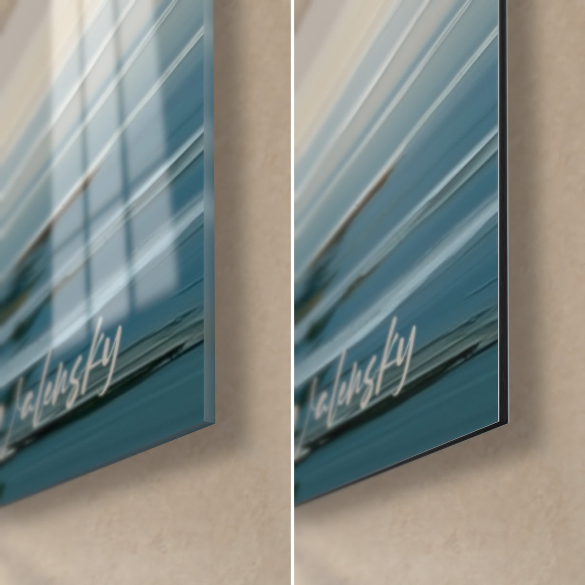 Wall art narwhal, bottom right corner: blue tail and Walensky signature, glossy glass reflecting the light, matte Dibond on the right
