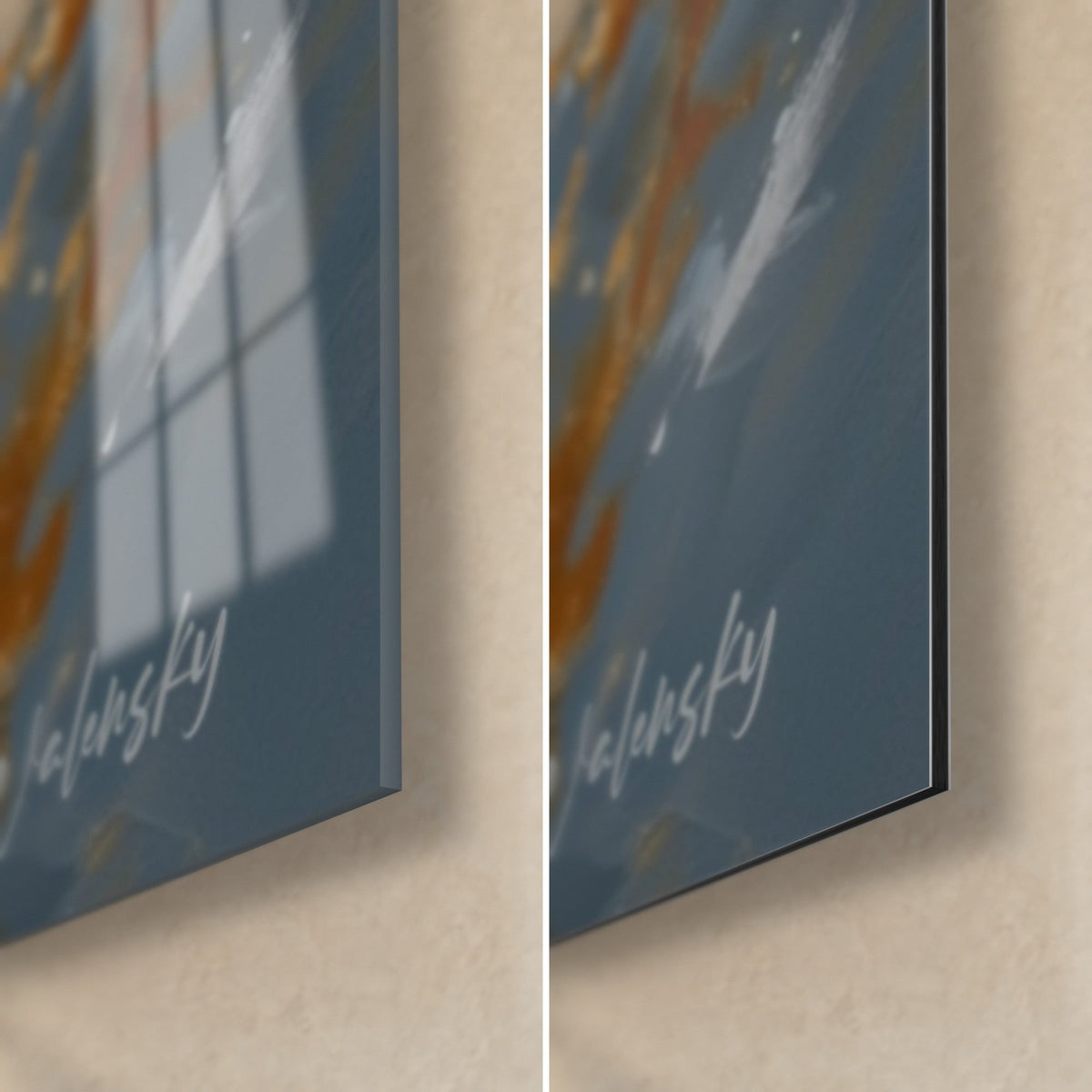 Wall art sea mammal with golden tusk, bottom right corner: glossy acrylic glass on the left, matte blue-grey Dibond aluminium on the right