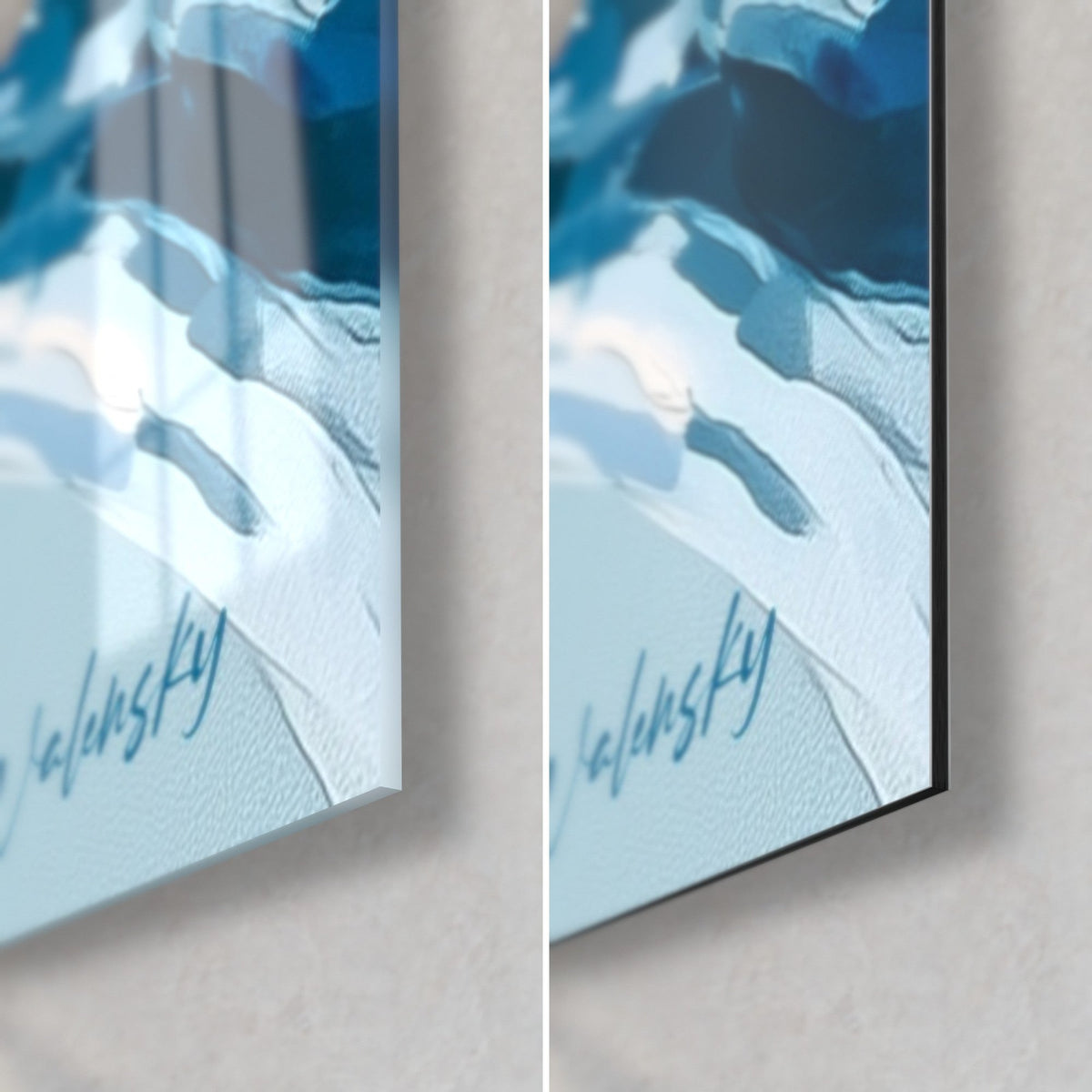 Wall art polar cetacean in navy blue and white, glossy glass corner bottom right on the left, matte Dibond on the right, 3 mm edge visible