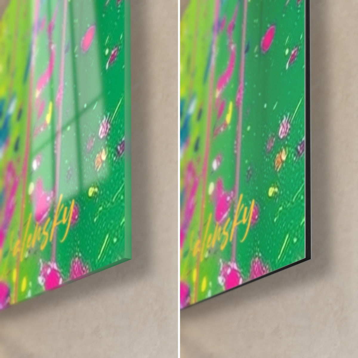 Cuadro ballena unicornio con destellos verdes, rosas y amarillos, esquina inferior derecha de cristal brillante y aluminio Dibond mate, canto de 3 mm