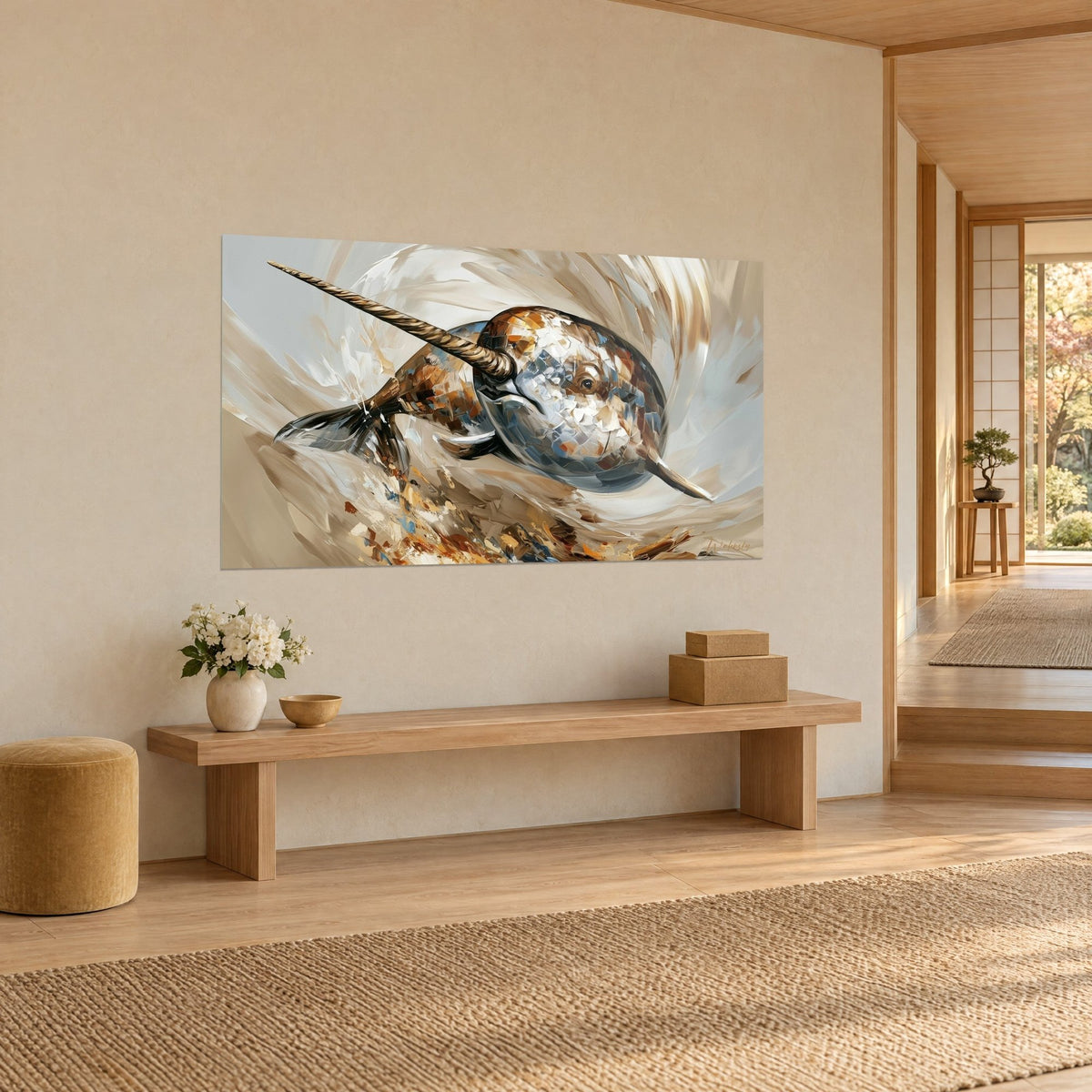 Wall art Arctic cetacean with spiral horn, palette-knife strokes in ivory, blue-grey and copper, sandy swirl, on a cream wall above a wooden bench