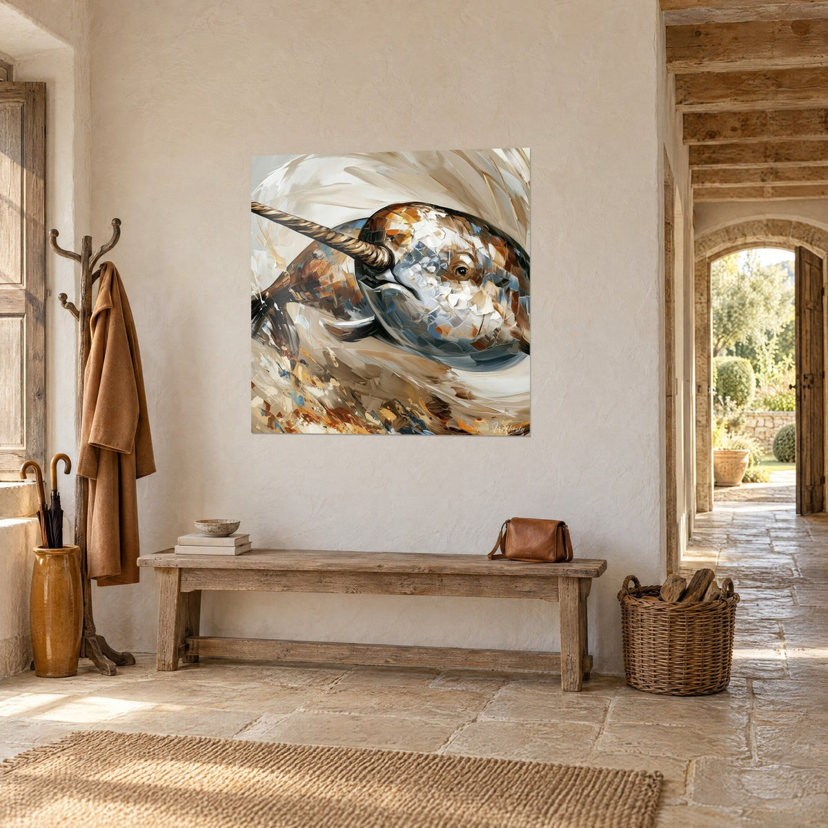 Wall art arctic whale with a long spiral tusk, grey-blue and copper reflections on a cream background, stone wall, three-quarter view