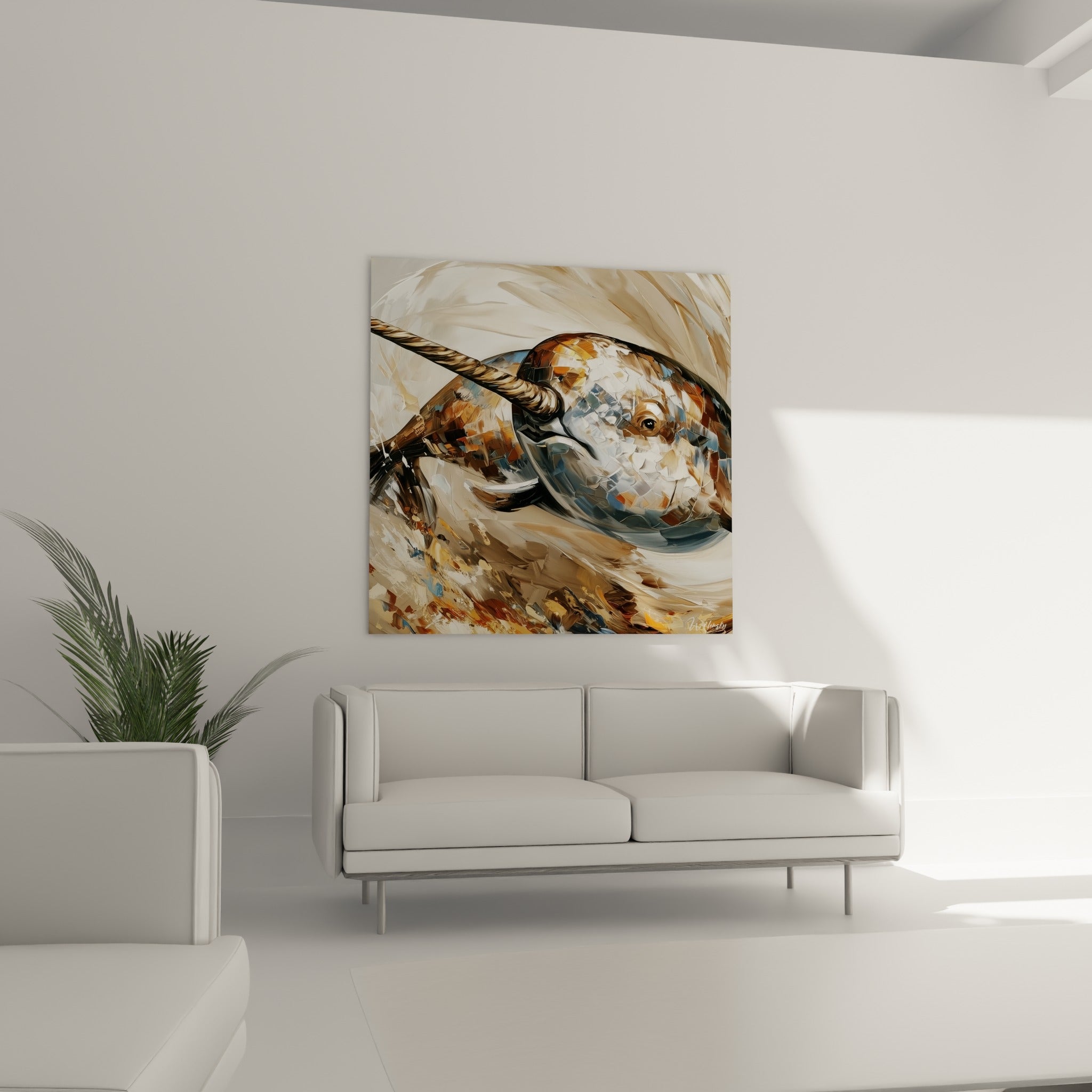 Narval crème et fauve, museau au regard sombre, au-dessus d'un canapé dans un salon lumineux