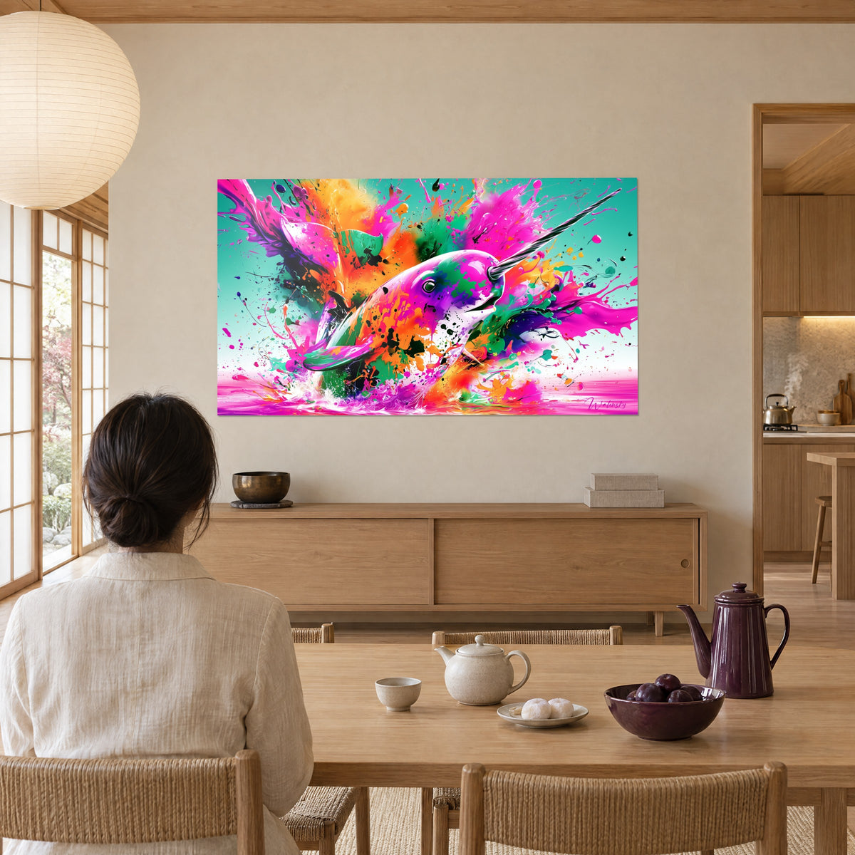 Tableau narval aux taches vertes et magenta propulsé dans les gouttes orange, femme de dos attablée devant, salle à manger japandi