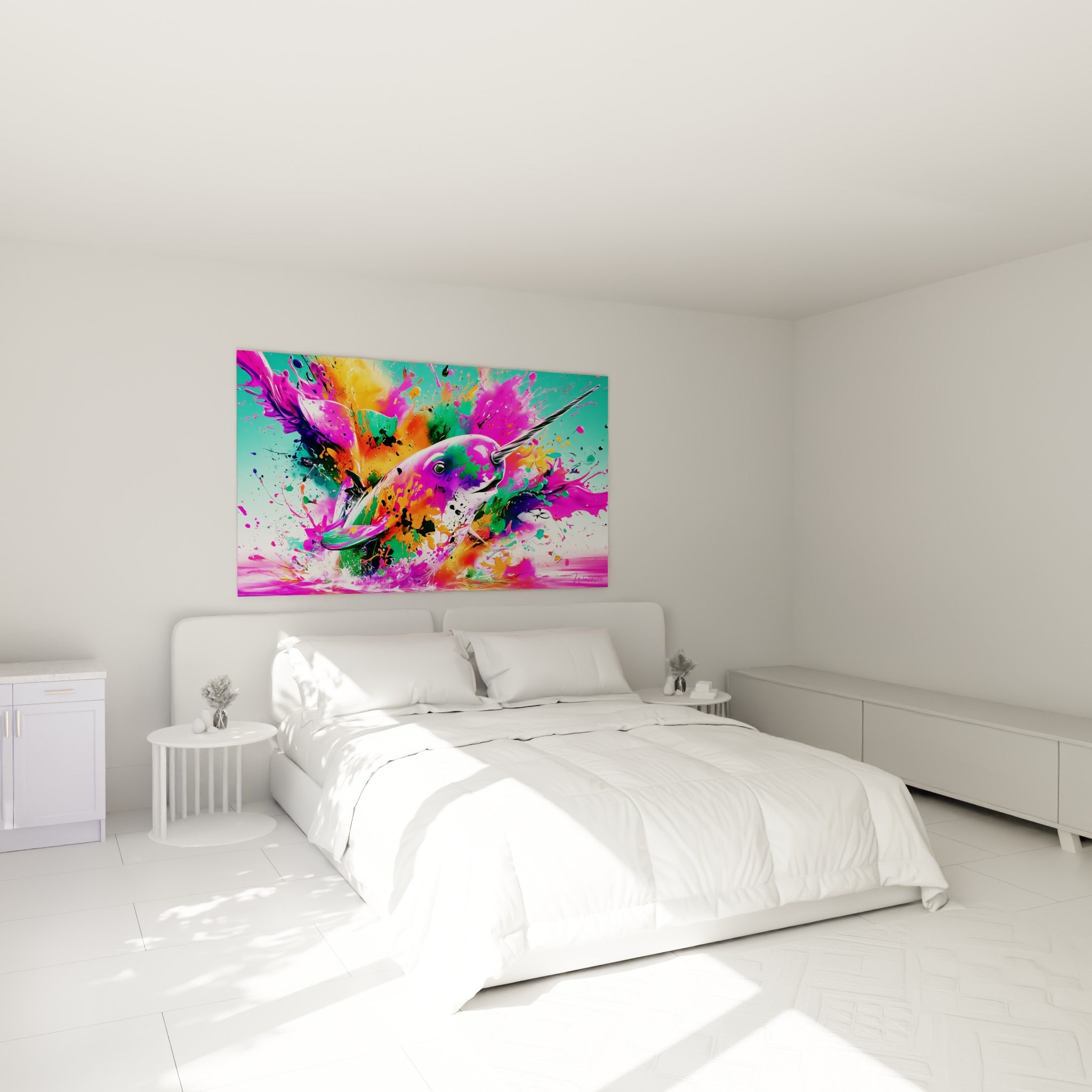 Narval aux couleurs fuchsia et vert émeraude accroché au-dessus d'un lit dans une chambre claire