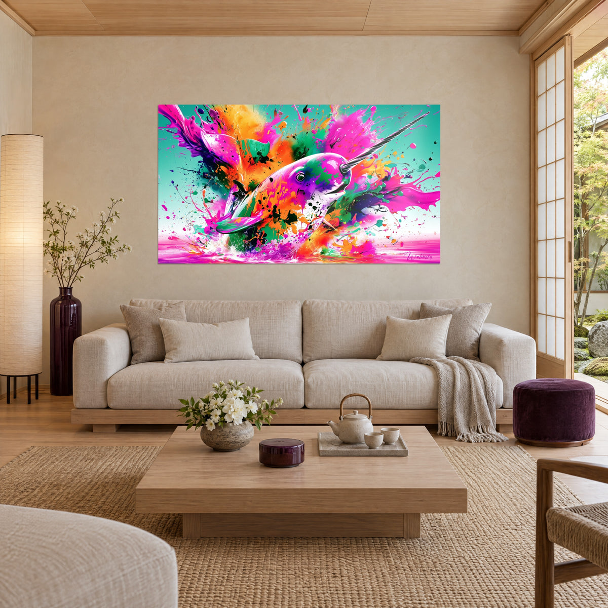 Tableau narval bondissant hors d'une mer rose, éclaboussures turquoise et orange, corne spiralée, au-dessus d'un canapé dans un salon lumineux
