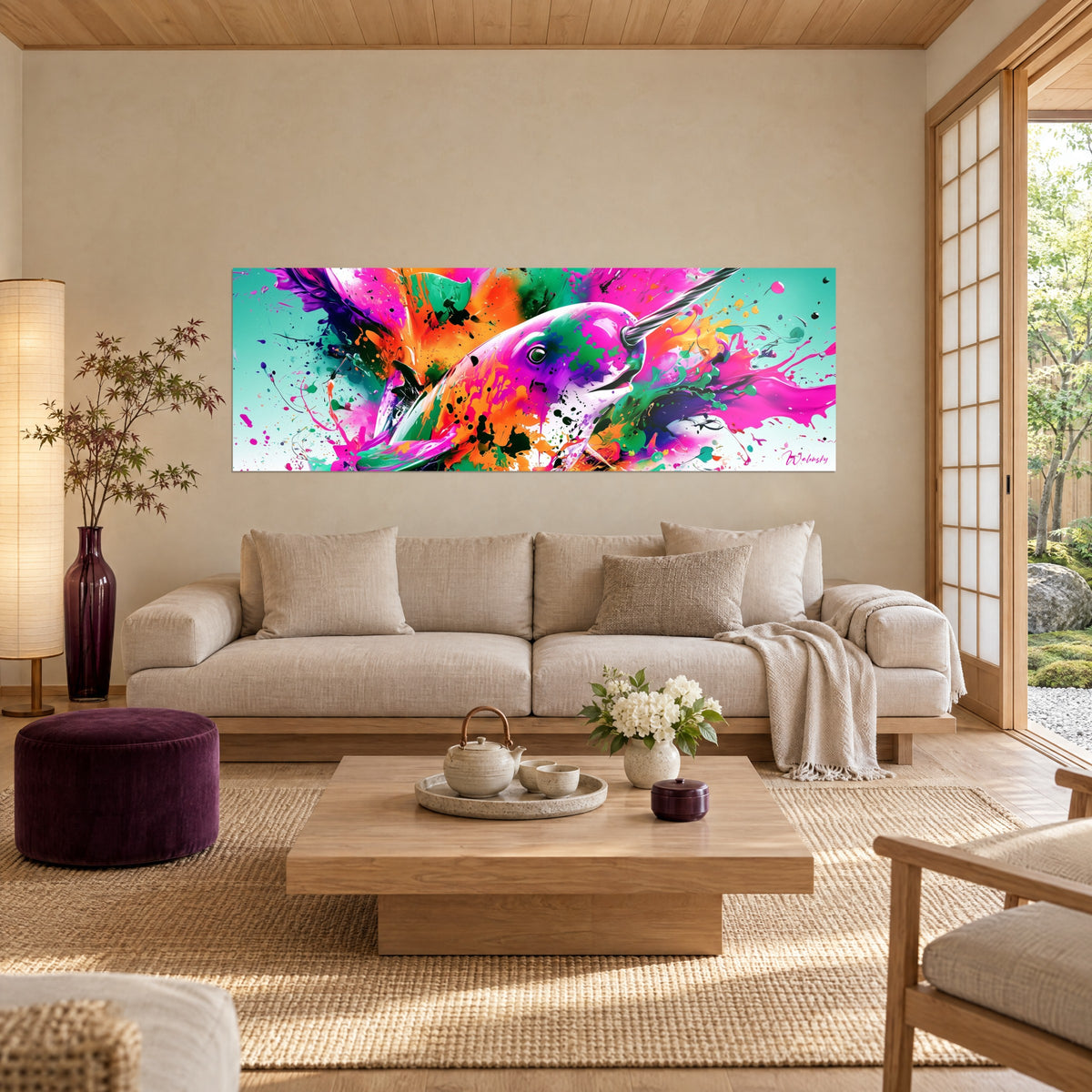 Gemälde Narwal in Fuchsia mit silbernem Stoßzahn, orangefarbene und grüne Spritzer, über einem Sofa in einem hellen Wohnzimmer