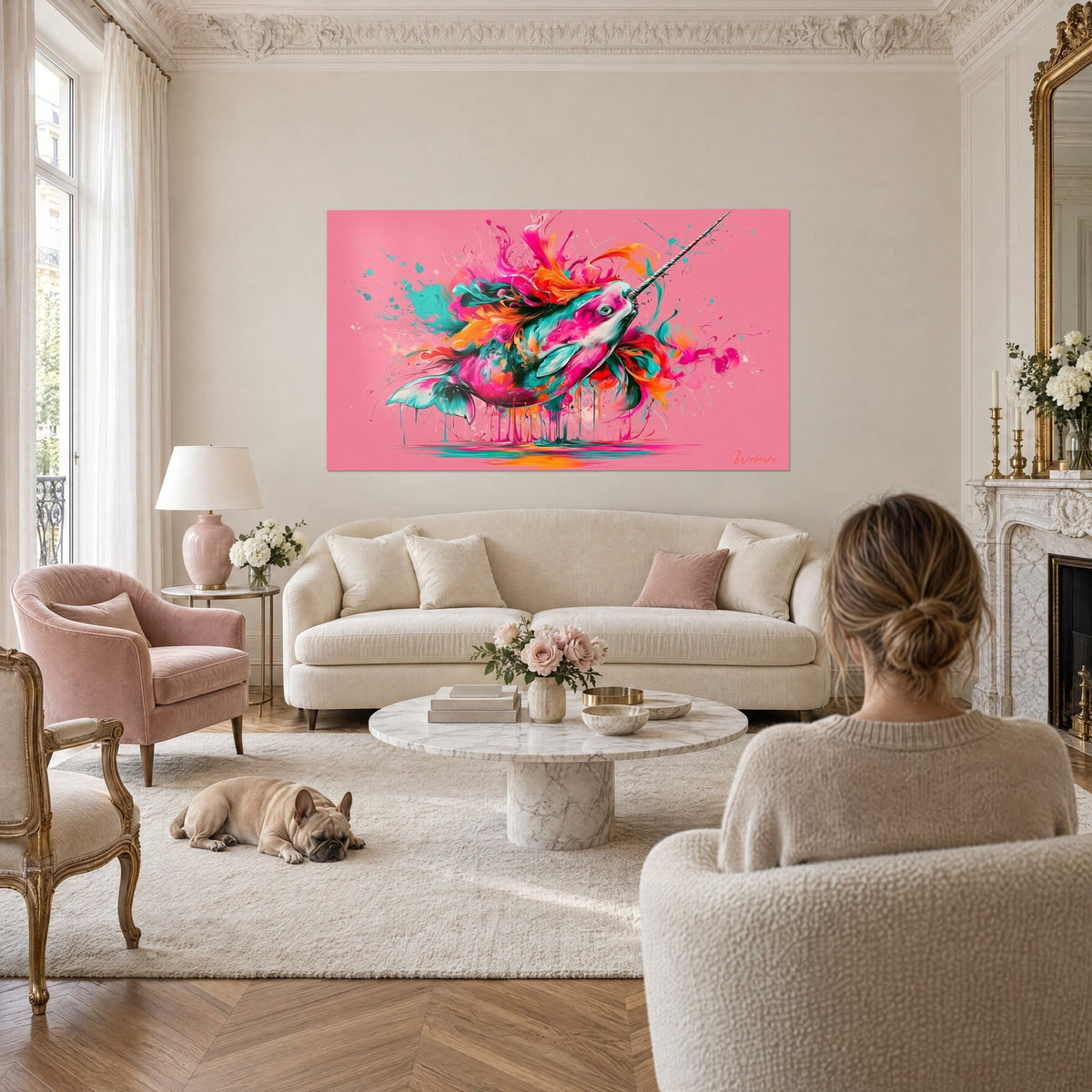 Quadro di un narvalo impennato con spruzzi rosa e turchesi, zanna ritorta, sopra un divano in un soggiorno luminoso