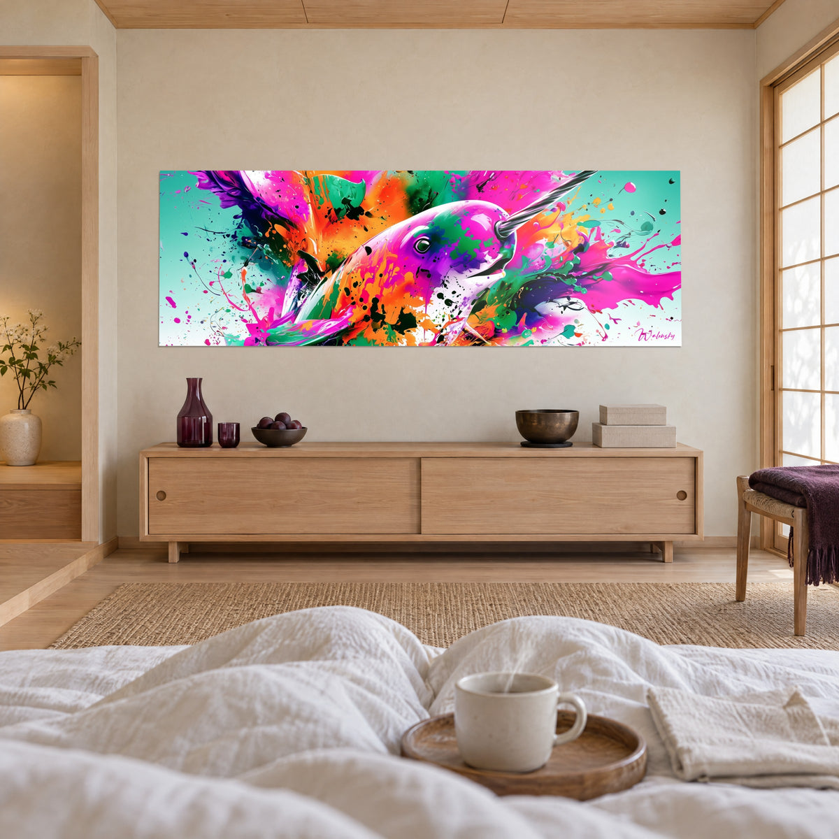 Gemälde Meeressäuger in leuchtendem Rosa und Smaragdgrün, orangefarbene Spritzer, zwei Personen von hinten vor einem Bett in einem hellen Schlafzimmer