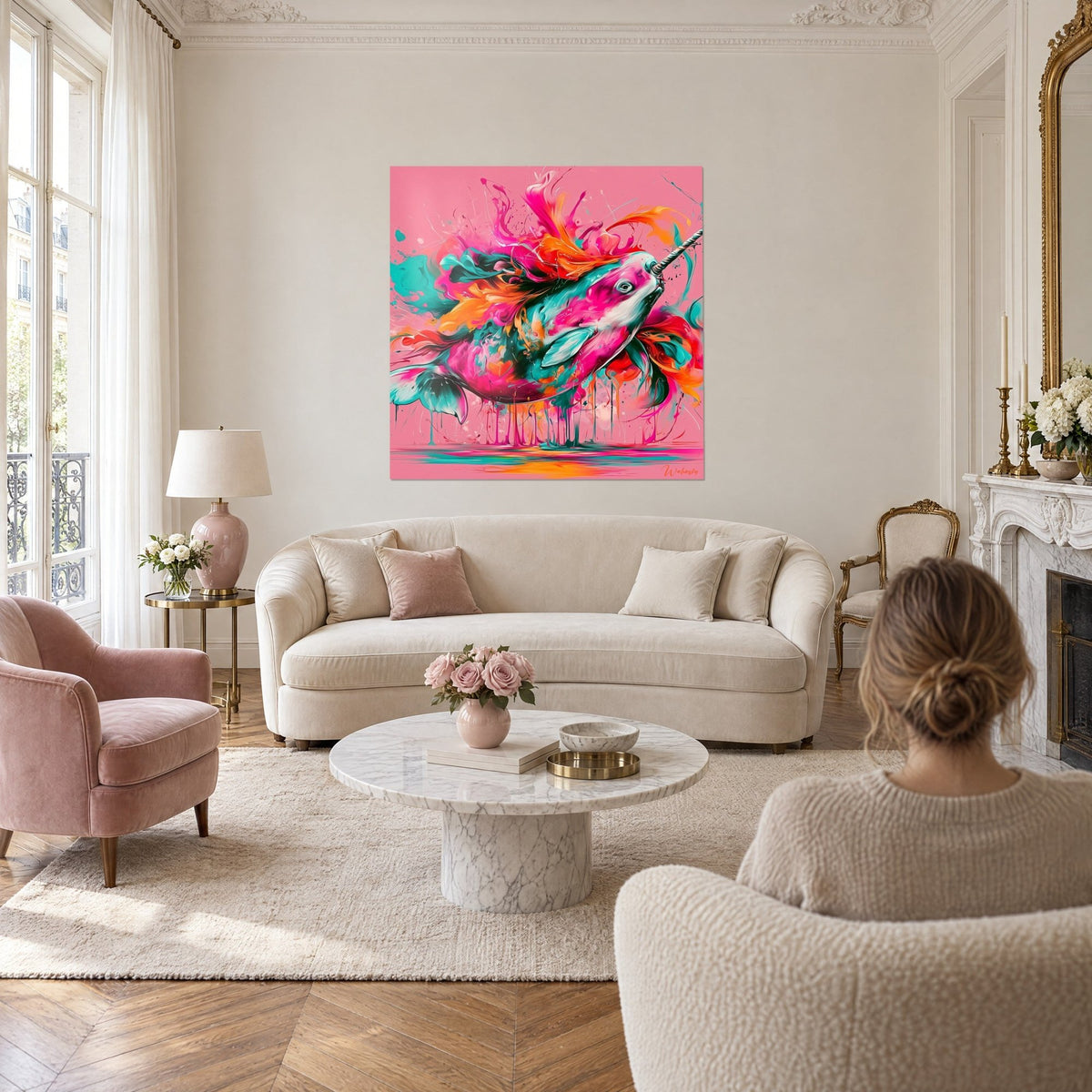 Quadro narvalo schizzato di rosa e turchese, zanna a spirale, colature arancioni, sopra un divano in un soggiorno luminoso