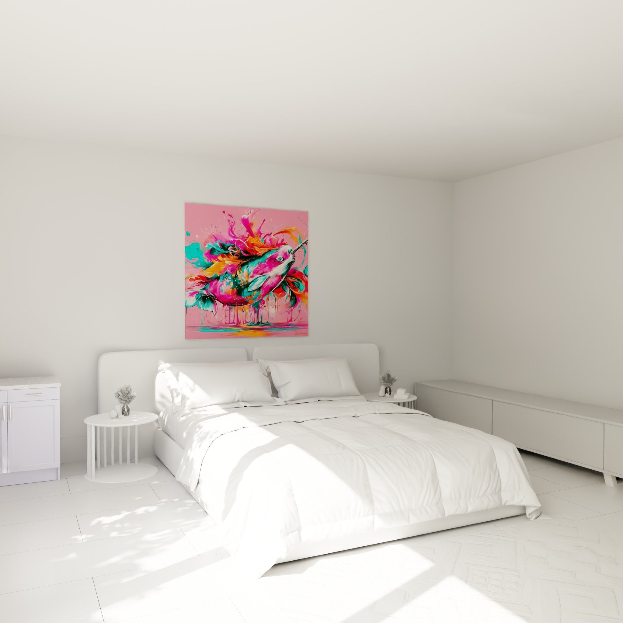 Créature marine fuchsia et orange en pleine explosion picturale au-dessus d'un lit dans une chambre claire