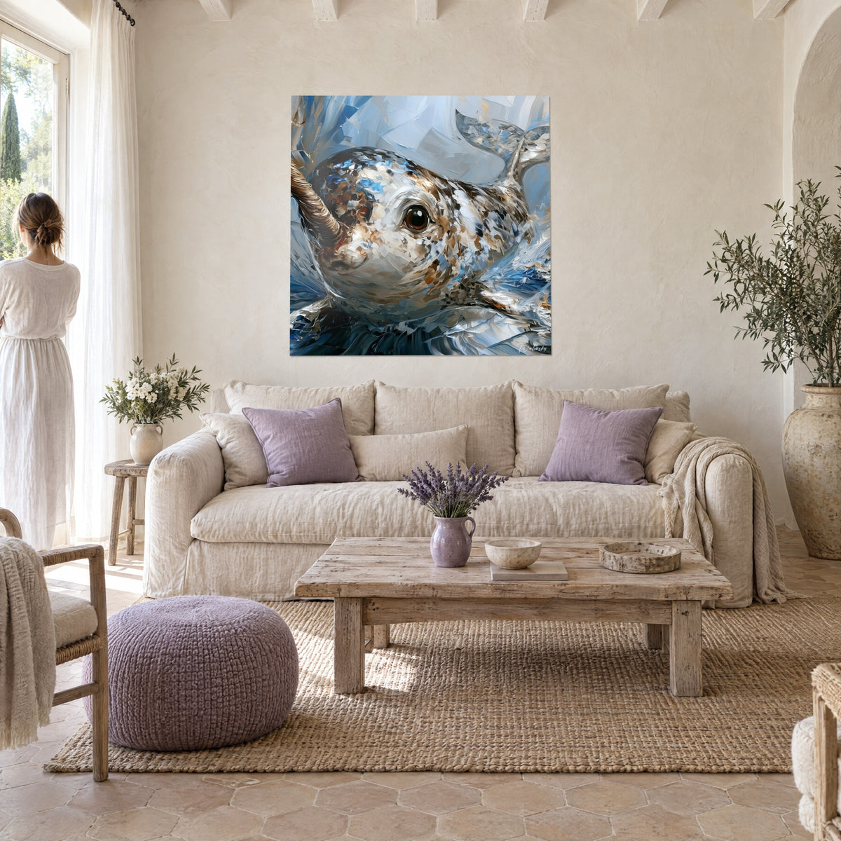 Cuadro narval con colmillo espiral marrón, pintado con espátula en azul glaciar y blanco, visto de espaldas sobre un sofá en un salón luminoso