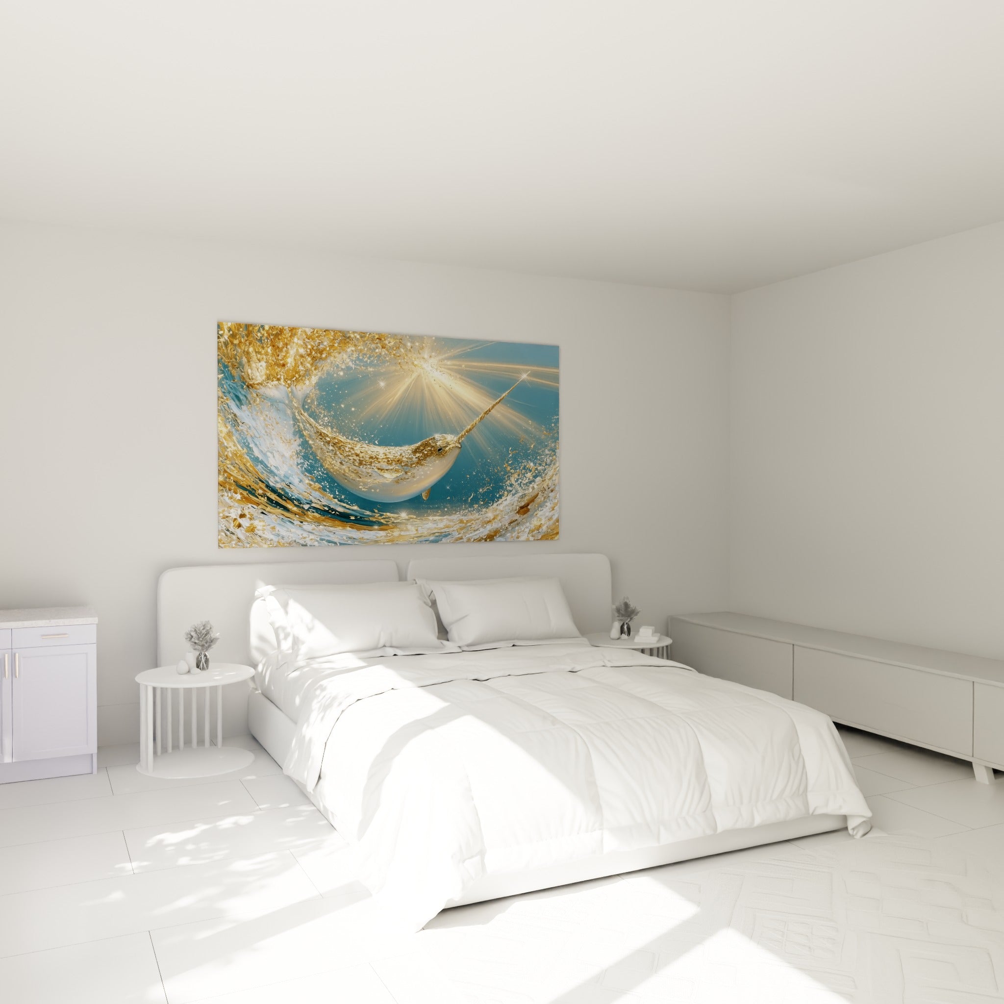 Narval doré et bleu marine dans un tourbillon lumineux, accroché au-dessus d'un lit dans une chambre claire