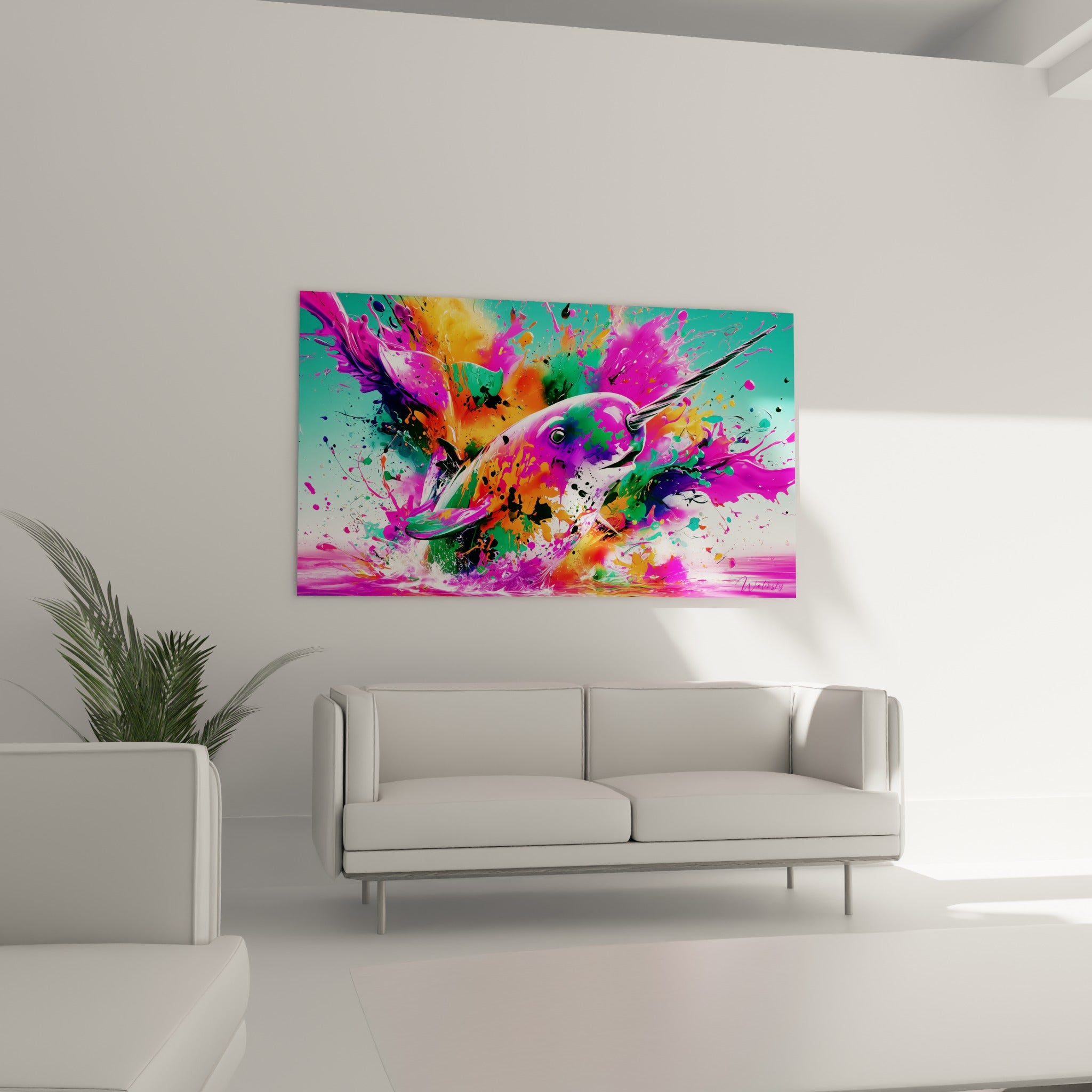 Corne torsadée du narval entourée de rose vif et de turquoise, au-dessus d'un canapé dans un salon lumineux