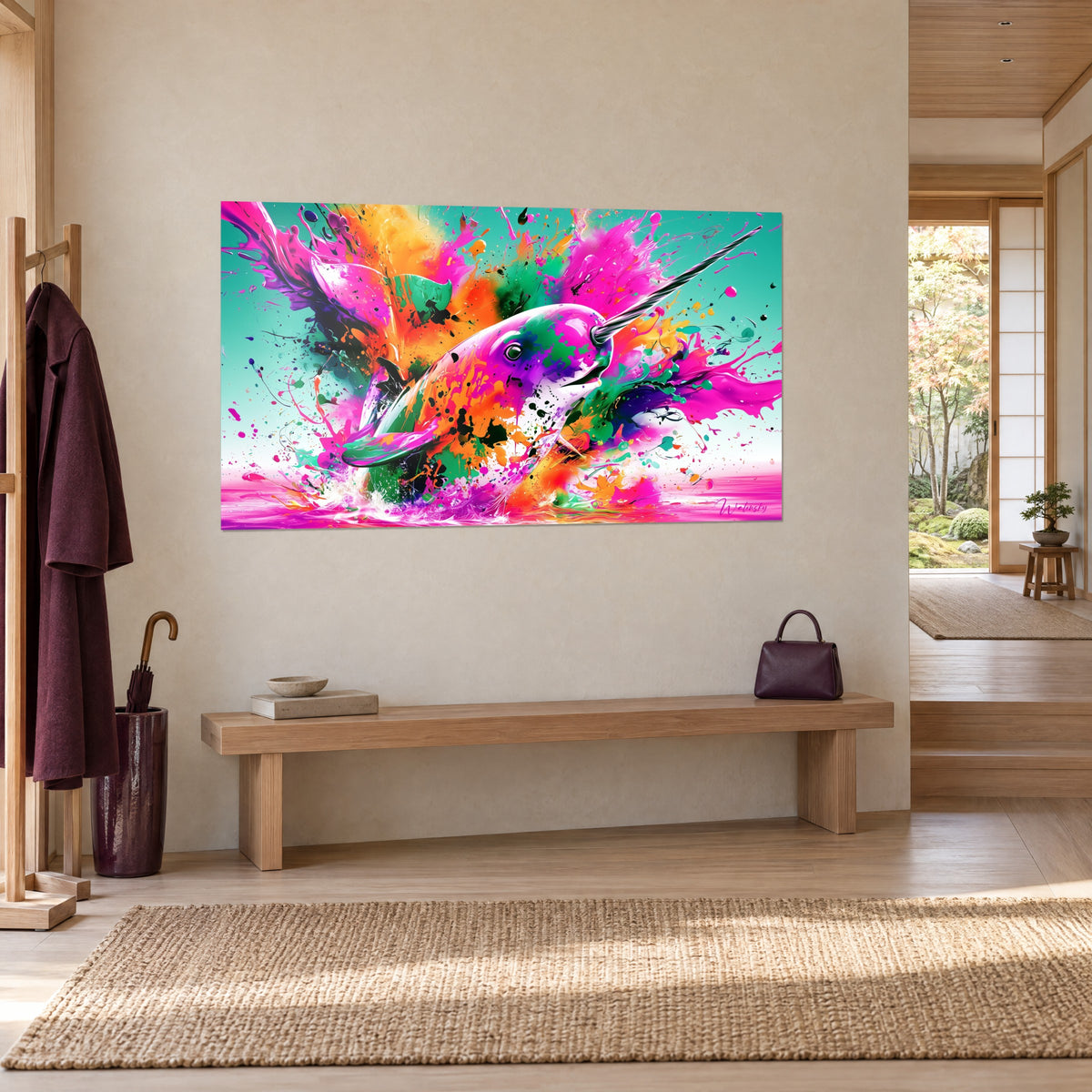 Tableau cétacé à défense torsadée jaillissant dans une explosion de peinture magenta et verte, vu de trois-quarts, mur beige japandi