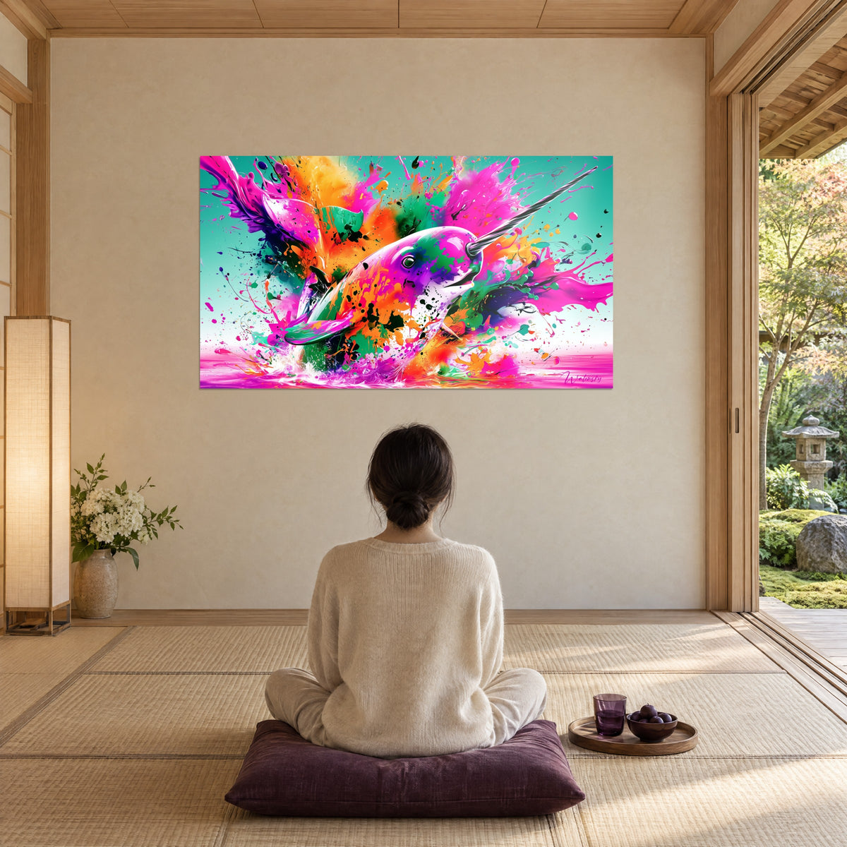 Tableau narval en plein saut dans un nuage de peinture fuchsia et turquoise, femme de dos assise sur un coussin prune, pièce zen