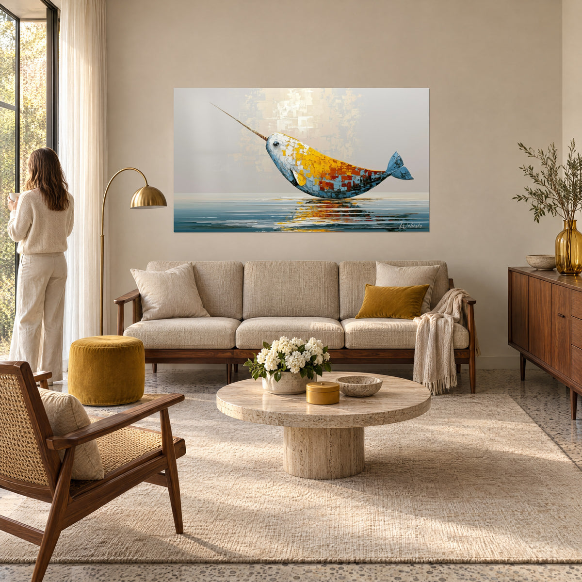 Wall art narwhal with mustard yellow and sky blue dough-like scales, twisted tusk, woman seen from behind, above a sofa in a bright living room
