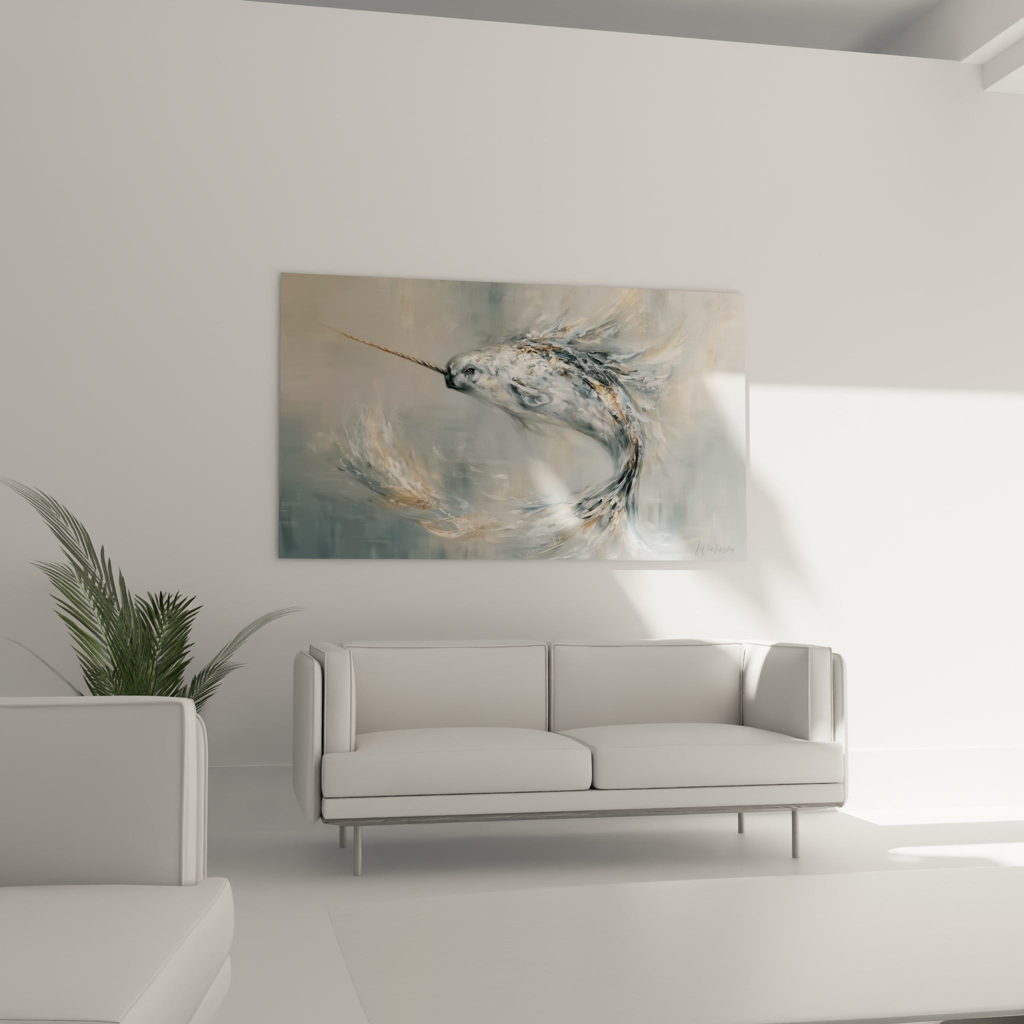 Corne fine et corps texturé du narval gris perle, tableau au-dessus d'un canapé dans un salon lumineux