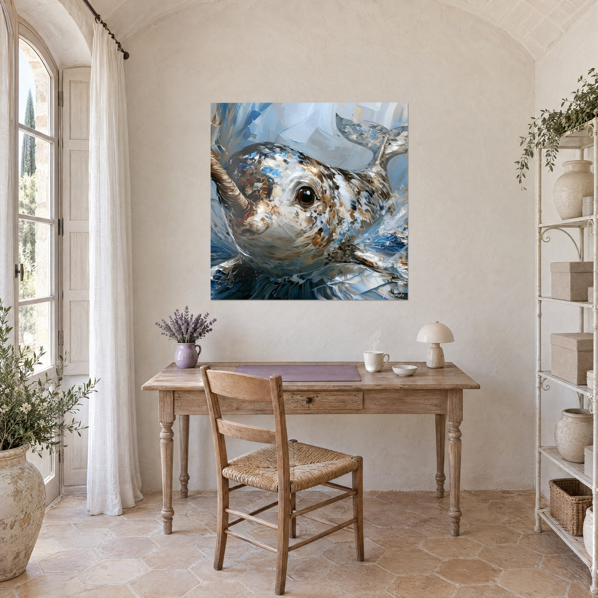 Cuadro mamífero marino emergiendo, pelaje moteado beige y azul hielo, ojo marrón brillante, sobre un escritorio de madera clara