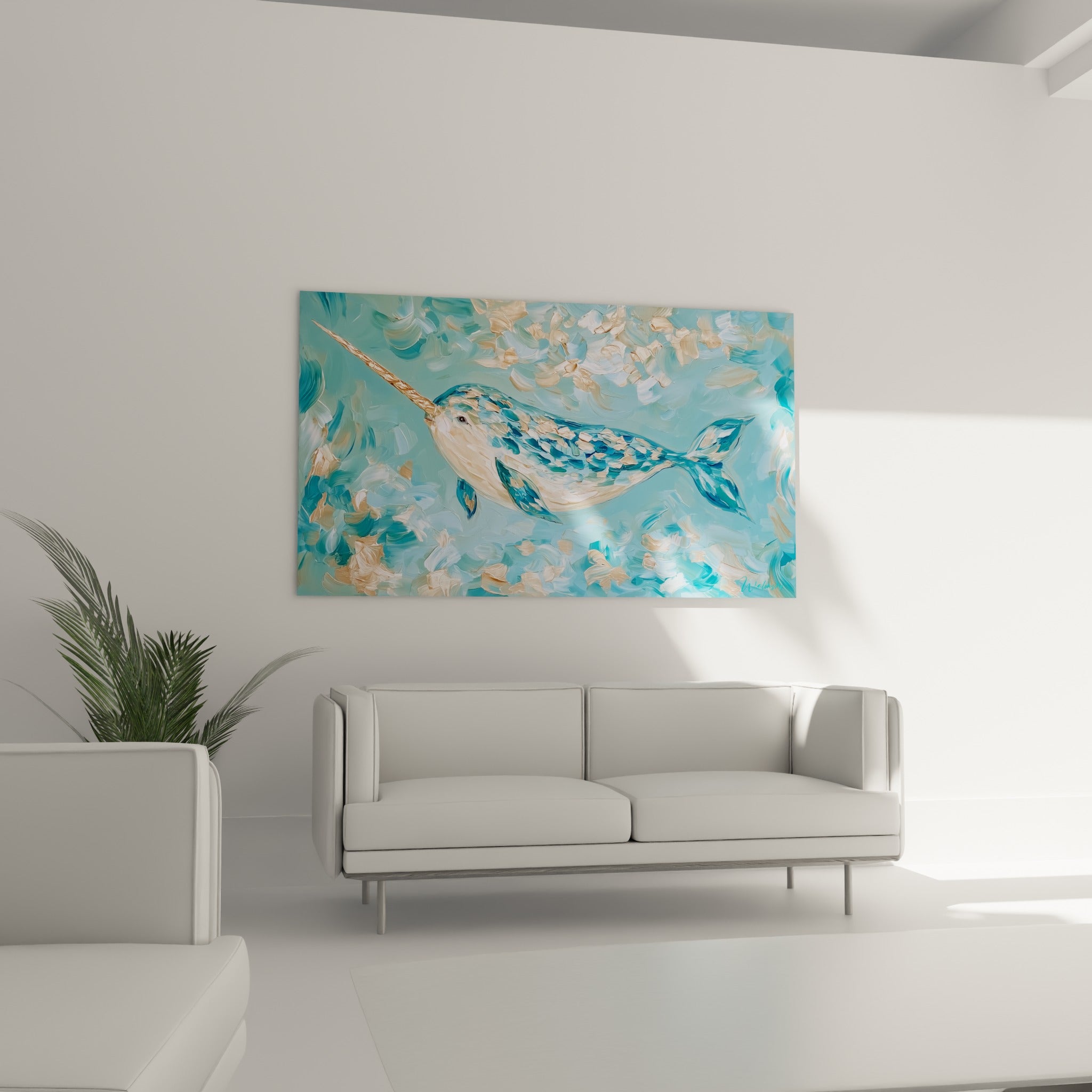 Créature marine dorée et turquoise en nage paisible, au-dessus d'un canapé dans un salon lumineux