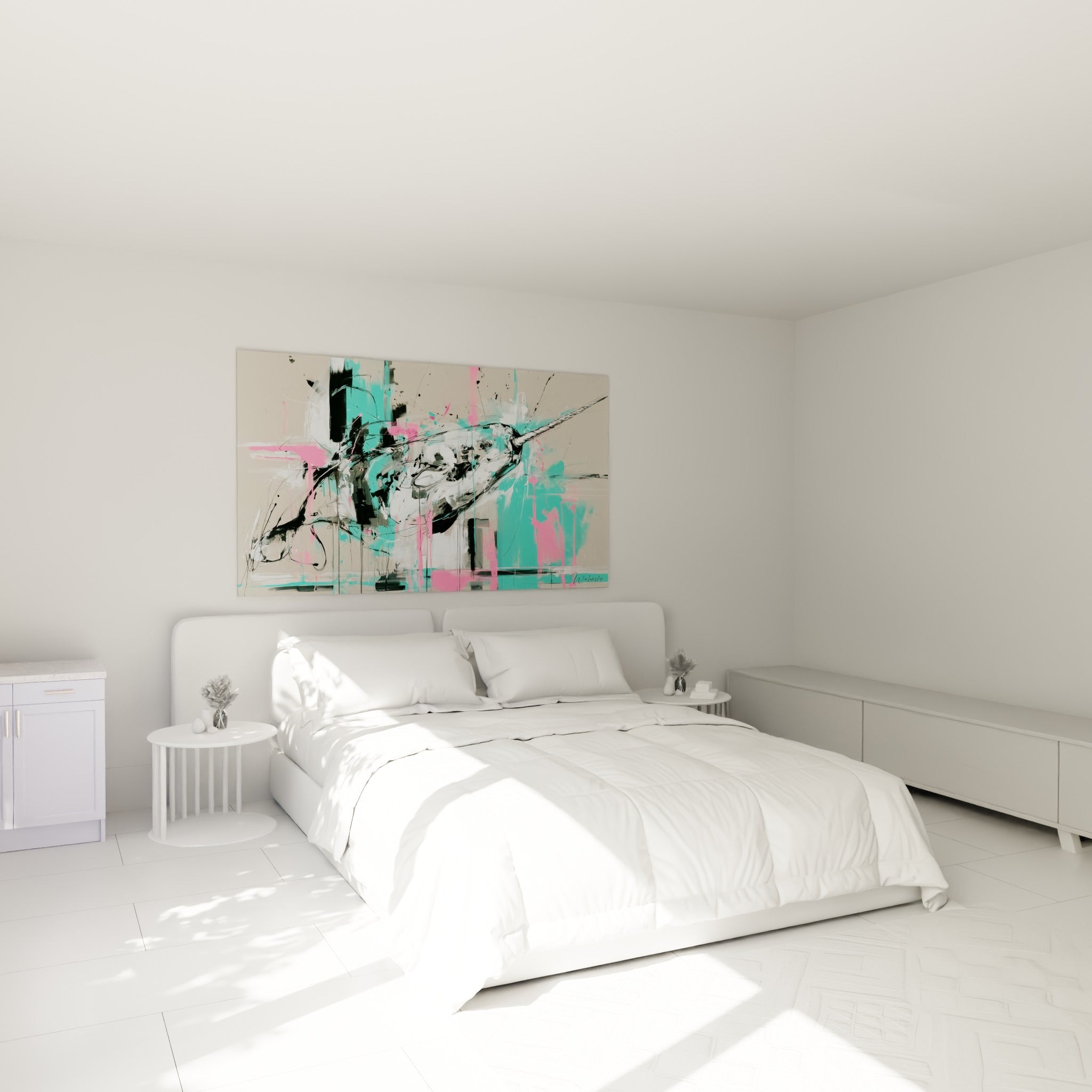 Narval graphique aux touches turquoise et roses accroché au-dessus d'un lit dans une chambre claire