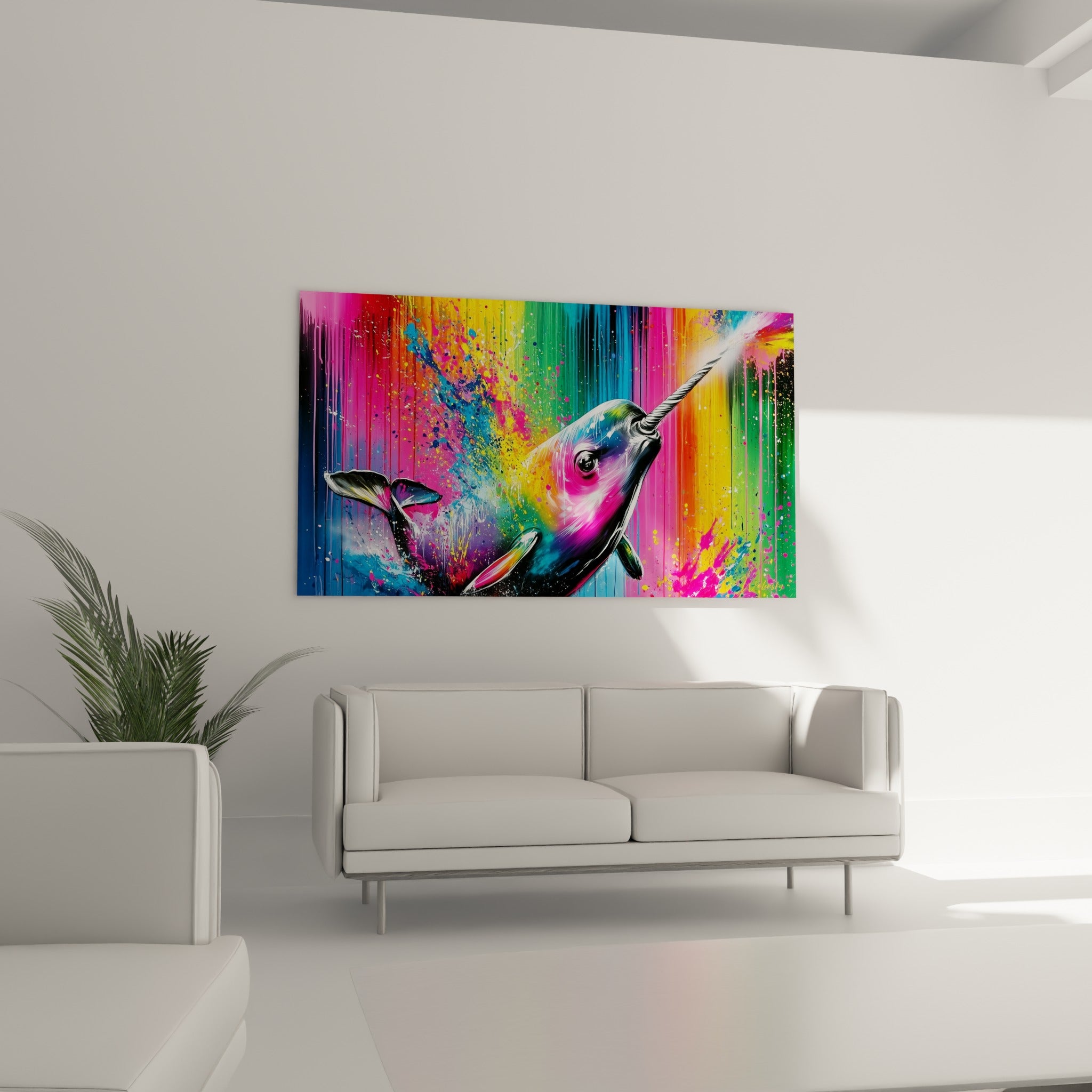 Narval noir et rose plongeant dans un tourbillon coloré, au-dessus d'un canapé dans un salon lumineux