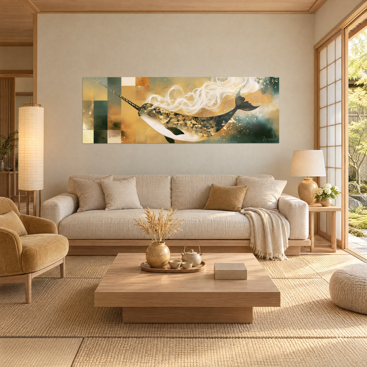 Gemälde Narwal in Gold mit weißen Rauchschwaden, ockerfarbenes und dunkelgrünes Karomuster, gestreifter Stoßzahn, über einem Sofa in einem hellen Wohnzimmer