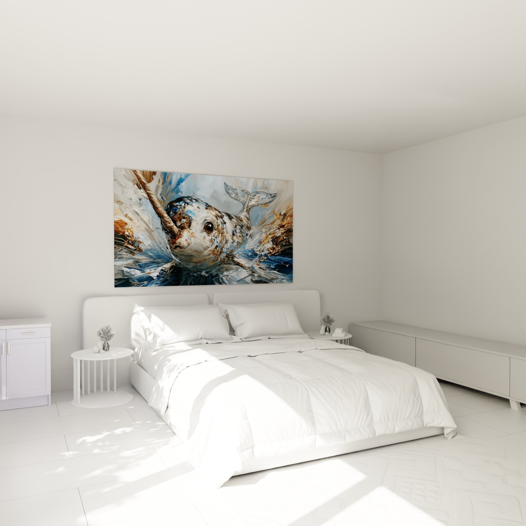 Défense torsadée et œil perçant du narval bleu et doré, accroché au-dessus d'un lit dans une chambre claire