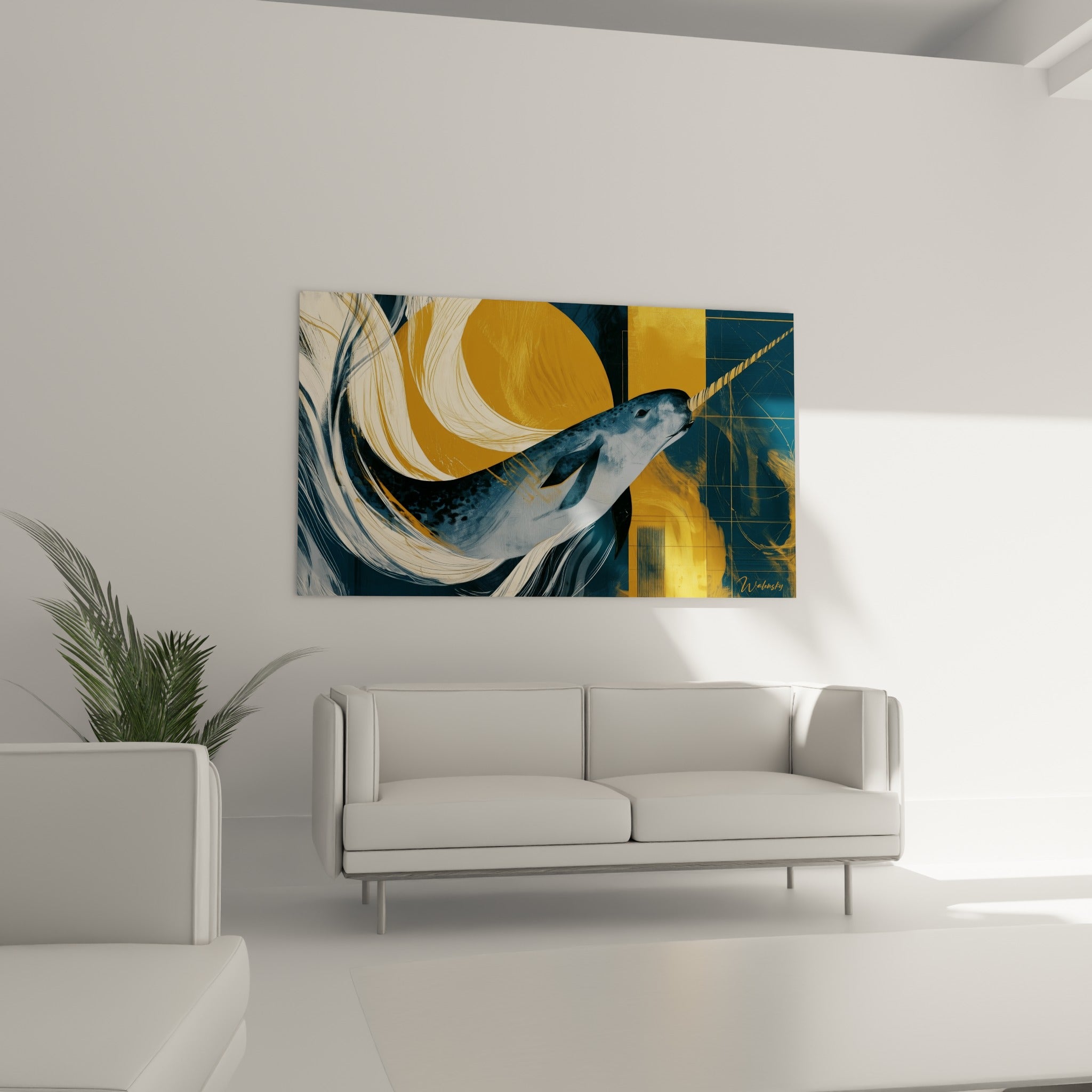 Narval anthracite et ocre glissant dans un tourbillon doré, au-dessus d'un canapé dans un salon lumineux