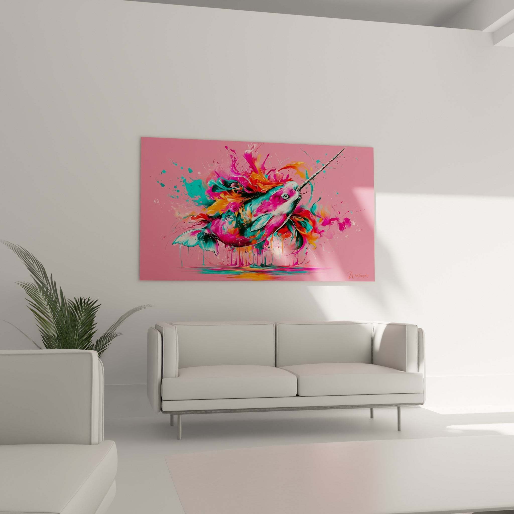 Narval multicolore aux teintes fuchsia et orange placé au-dessus d'un canapé dans un salon lumineux