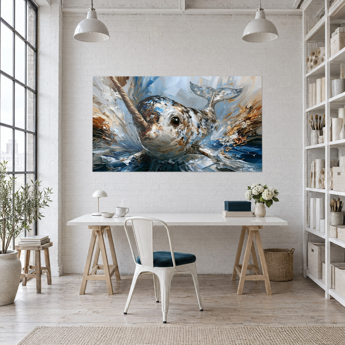 Cuadro narval de pelaje moteado crema y marrón, colmillo como una cuerda y salpicaduras de pintura azul, escritorio de madera junto a una biblioteca