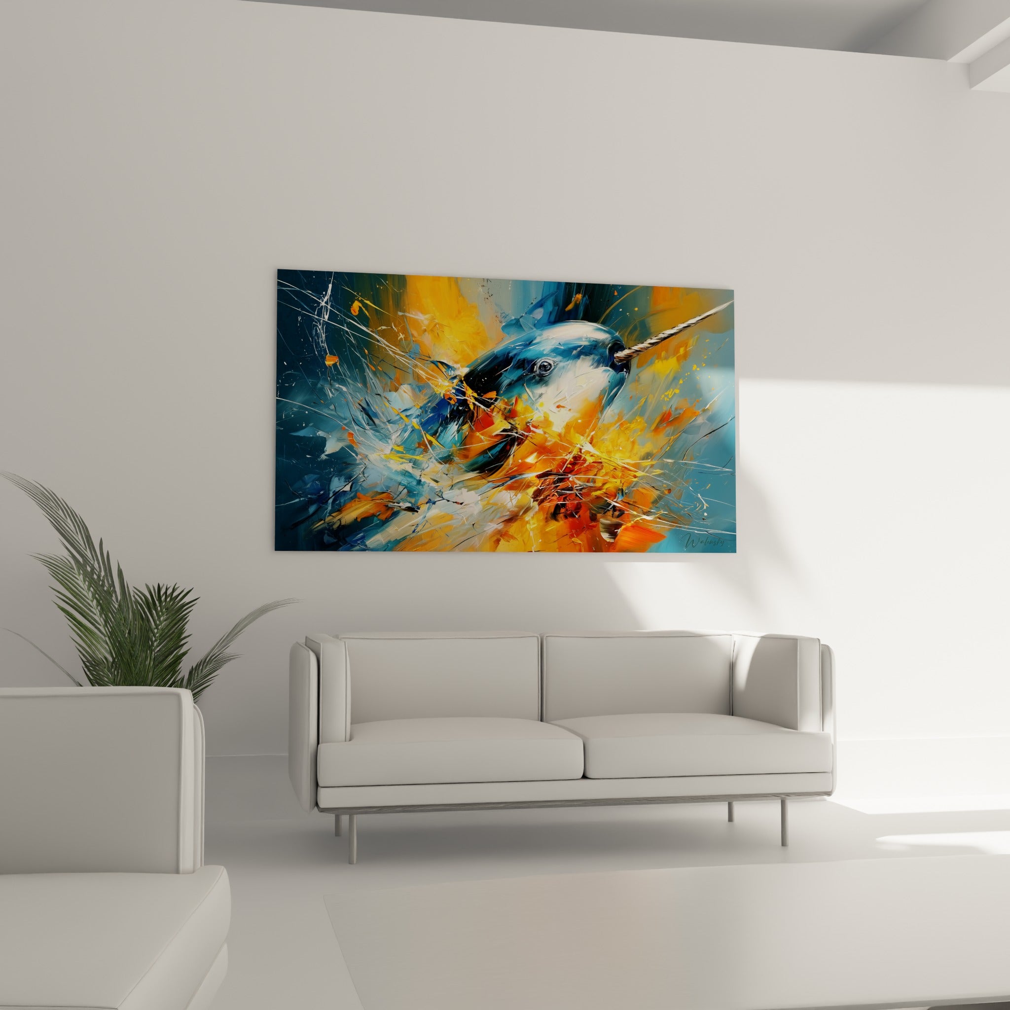 Narval au regard doux entouré de flammes oranges, au-dessus d'un canapé dans un salon lumineux