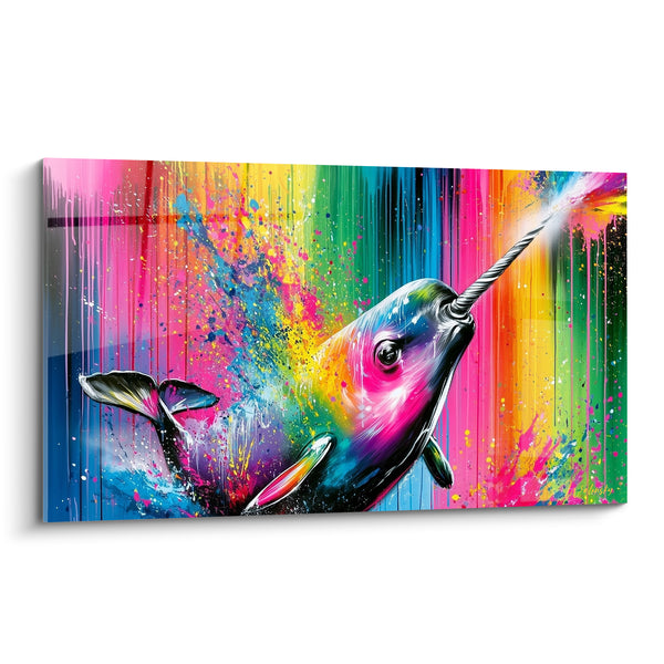 Tableau Narval rose et bleu aux coulures multicolores - Jaillissement onirique - Edition Narval