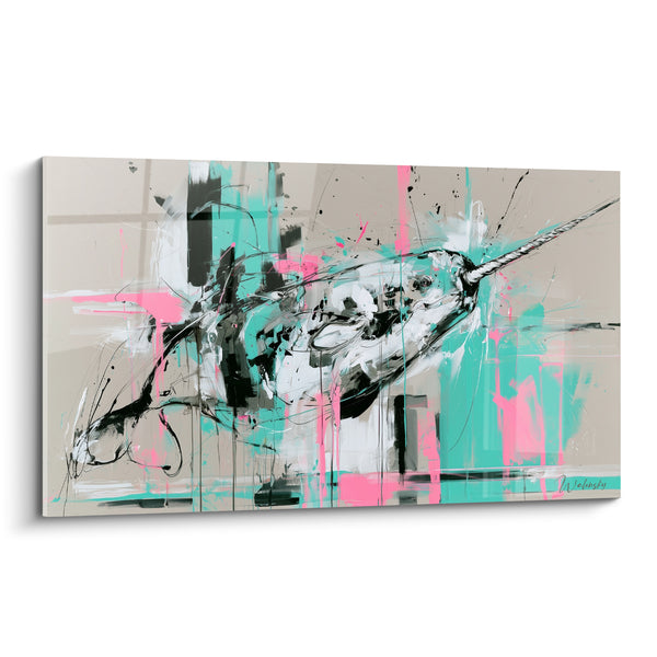 Tableau Narval en éclaboussures roses et turquoise - Surgissement marin - Edition Narval