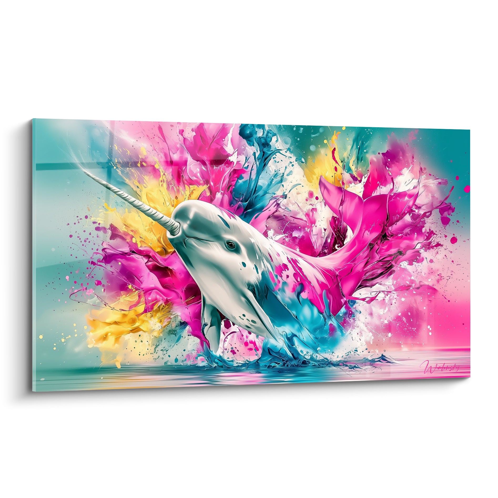Narval blanc jaillissant d'une explosion rose fuchsia et turquoise, style aquarelle éclaboussée