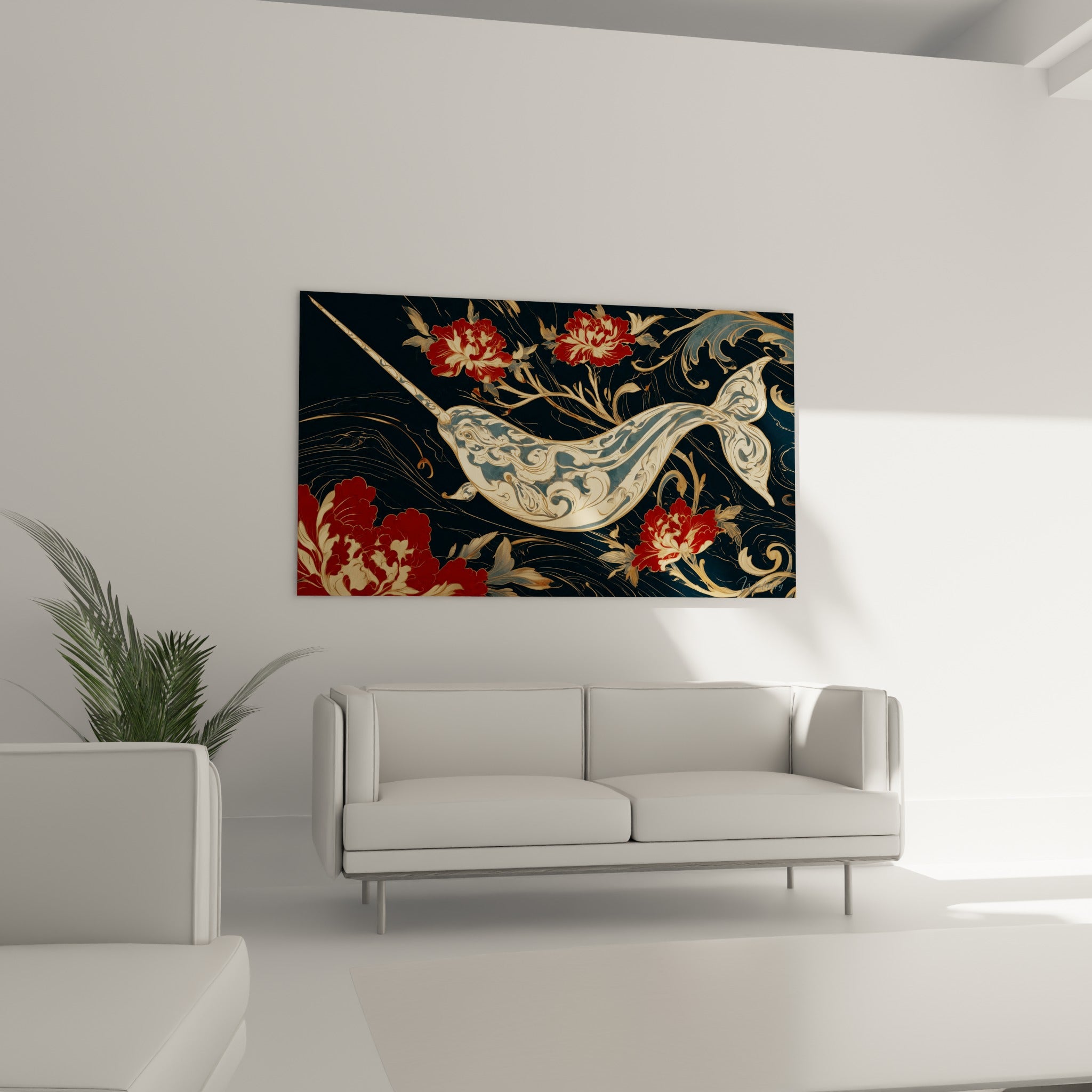 Narval ivoire aux volutes dorées entouré de fleurs rouges, placé au-dessus d'un canapé dans un salon lumineux