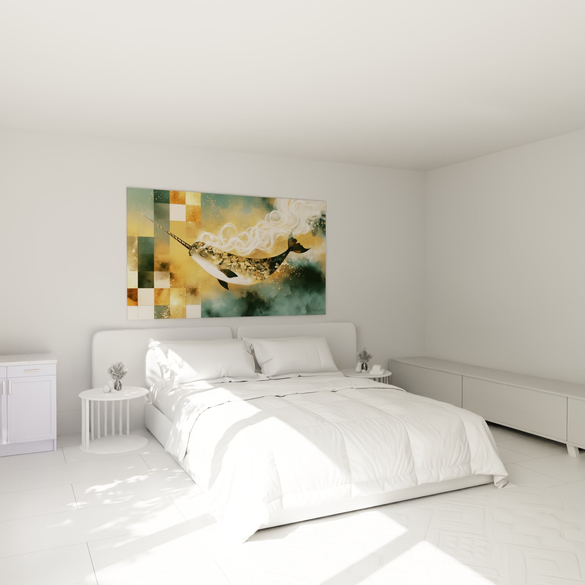 Narval aux teintes dorées et sarcelle nage sous un souffle blanc, au-dessus d'un lit dans une chambre claire