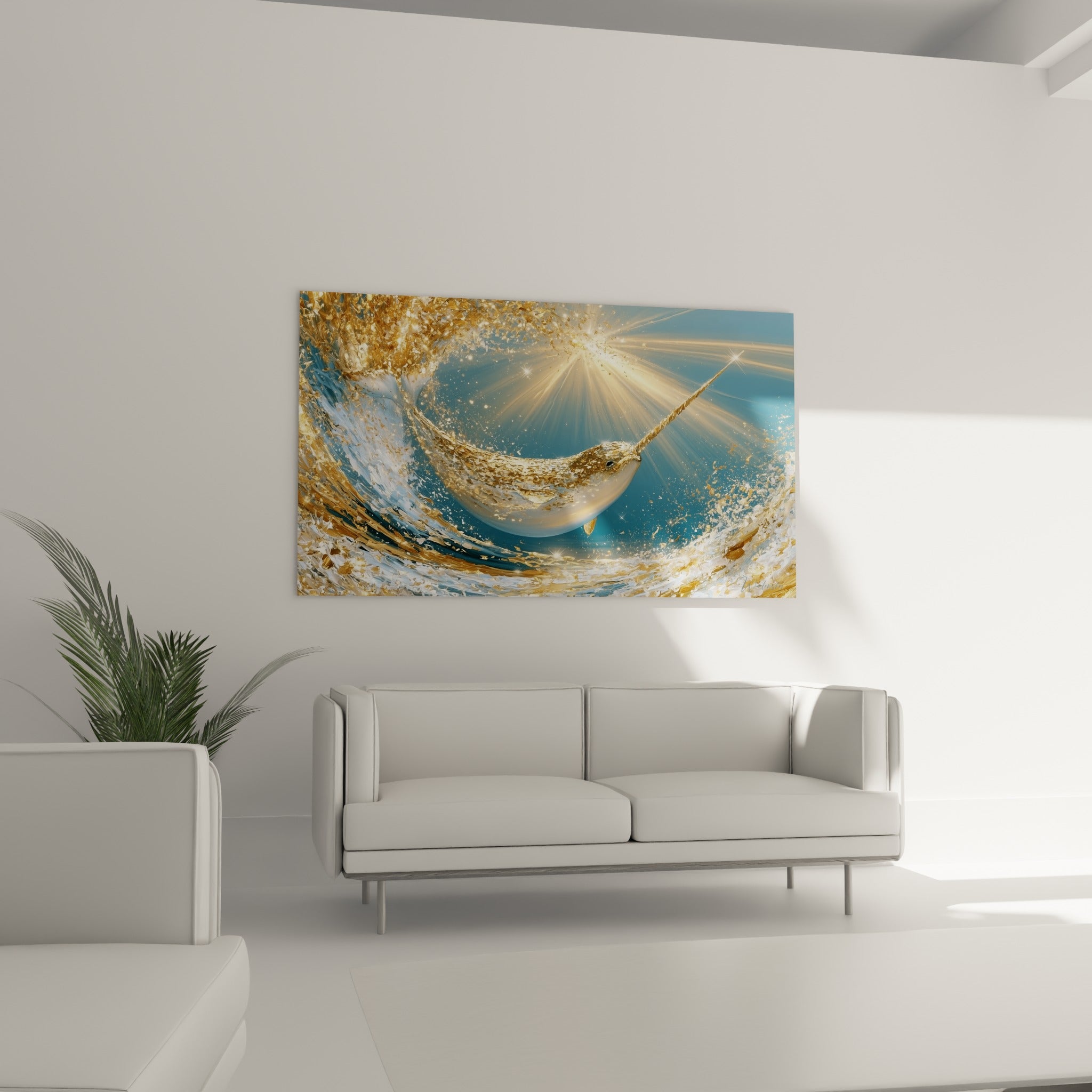Narval scintillant sur fond bleu profond avec éclats dorés, disposé au-dessus d'un canapé dans un salon lumineux