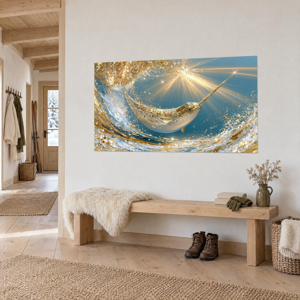 Cuadro cetáceo de colmillo retorcido bajo un sol radiante, oro y azul turquesa, banco de madera y piel de oveja, vista de tres cuartos