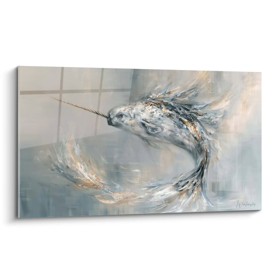 Narval gris anthracite et doré en spirale, traitement pictural texturé sur fond clair