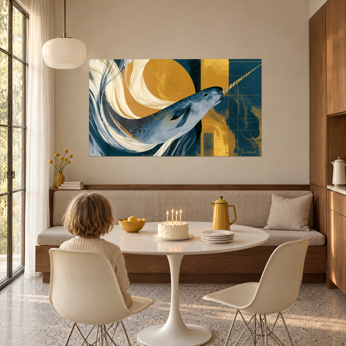 Cuadro mamífero marino de ojo oscuro, colmillo dorado y volutas crema sobre fondo azul noche, pared beige de un salón de los años 50