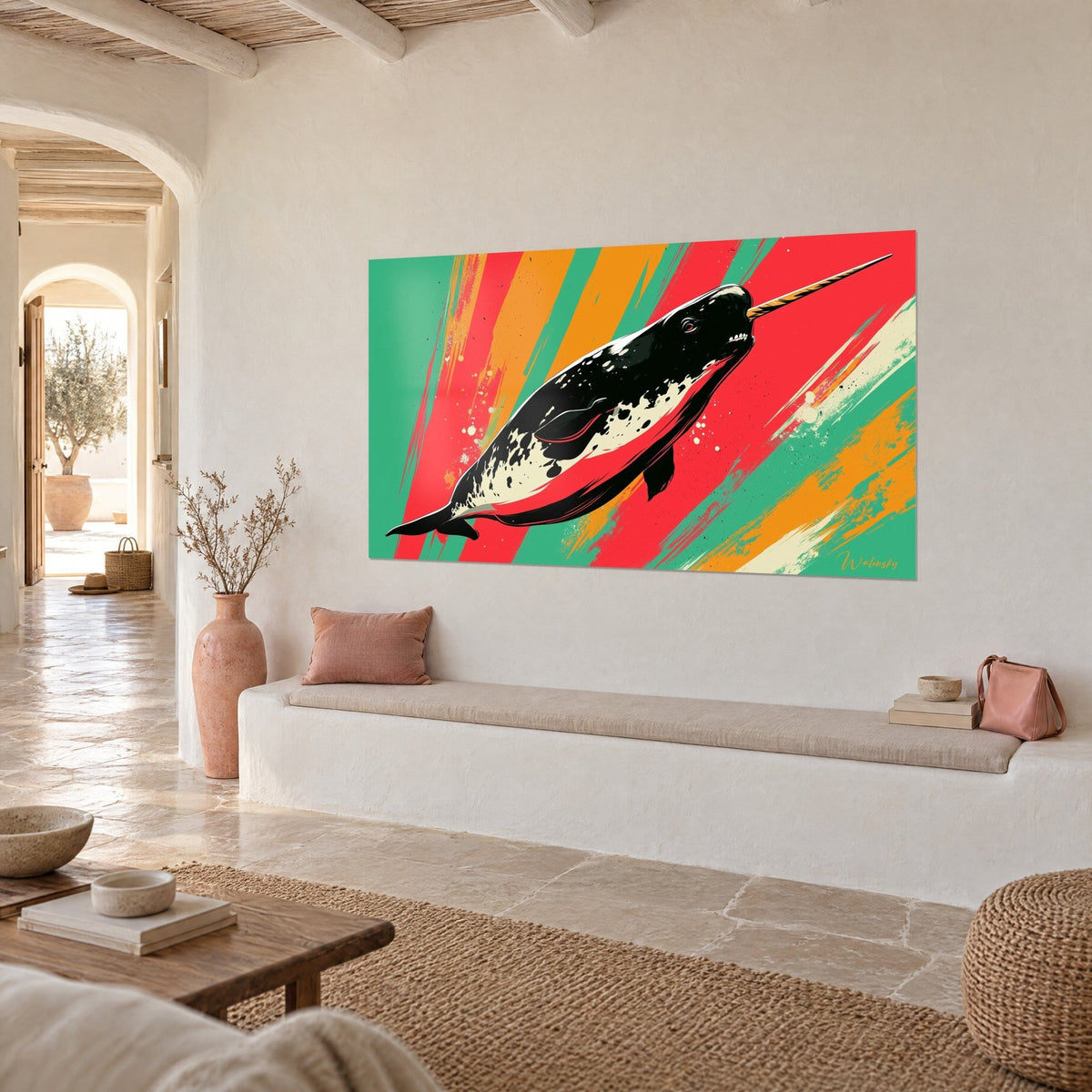 Wall art ivory-speckled narwhal with orange tusk, bold red and jade green stripes, whitewashed wall, Mediterranean house